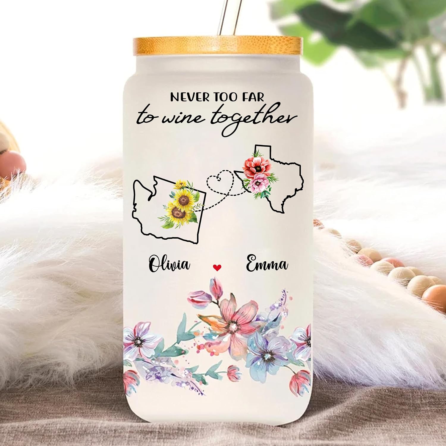 Gossby Long Distance Best Friend Gift - Personalized 16oz Friend Glass Tumbler for Women with Straw, Lid - Custom Friendship, Going Away, Goodbye, Farewell, Moving Away Gift - Never Too Far To Wine