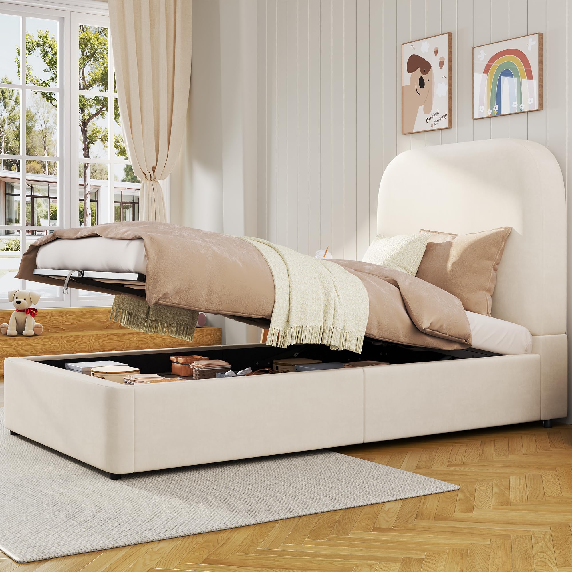 Merax 3ft Single Ottoman Bed with Hydraulic Lift Storage, Upholstered Velvet Bed Frame with Round Corner Headboard, Children's Bed for Bedroom, Beige, 90x190cm, No Mattress