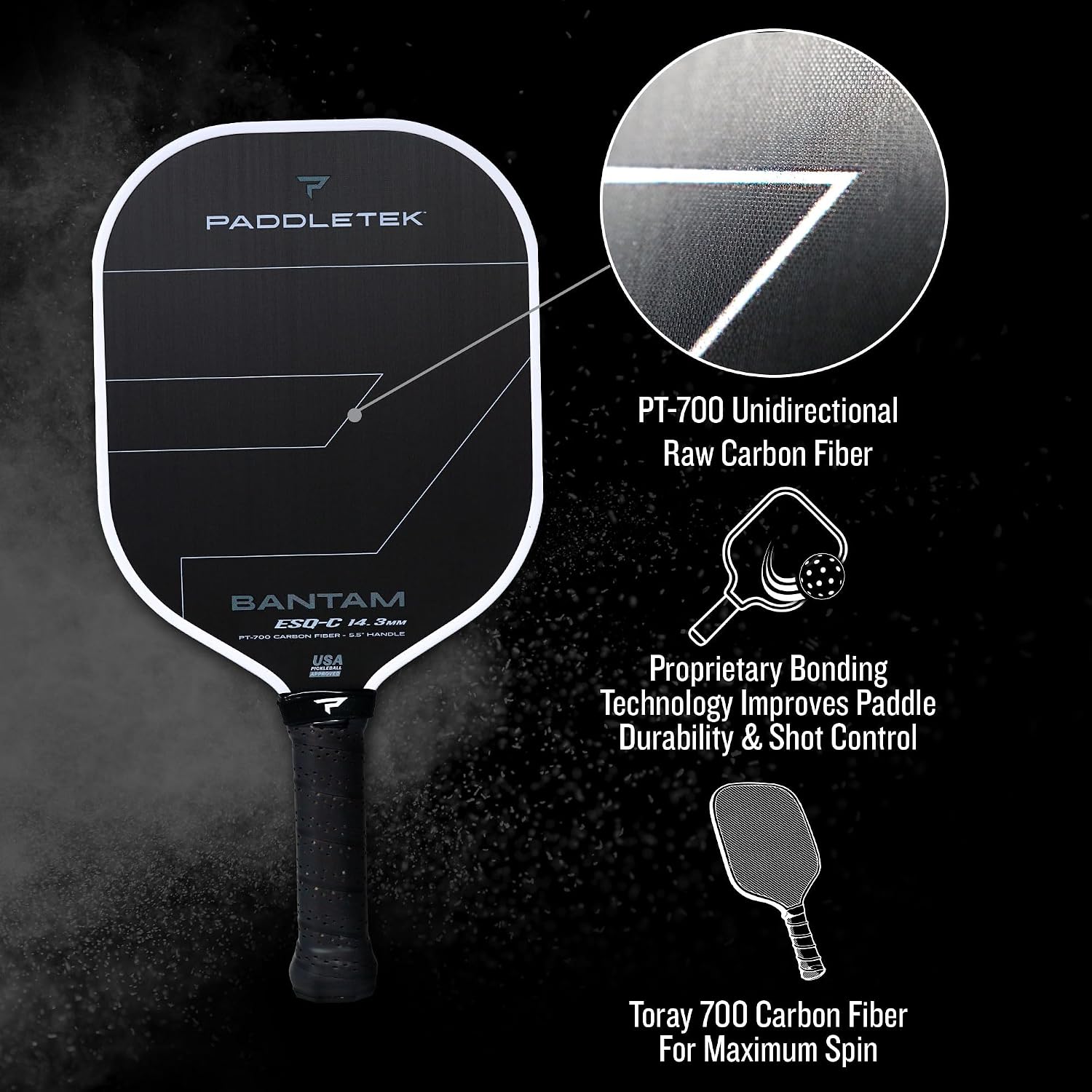Paddletek Bantam ESQ-C 14.3mm Pickleball Paddle with Polymer Honeycomb Core - Unidirectional RAW Carbon Fiber Pickleball Paddle – Torsional Weighting & Performance Grip - USAPA Approved - 5.5" Handle