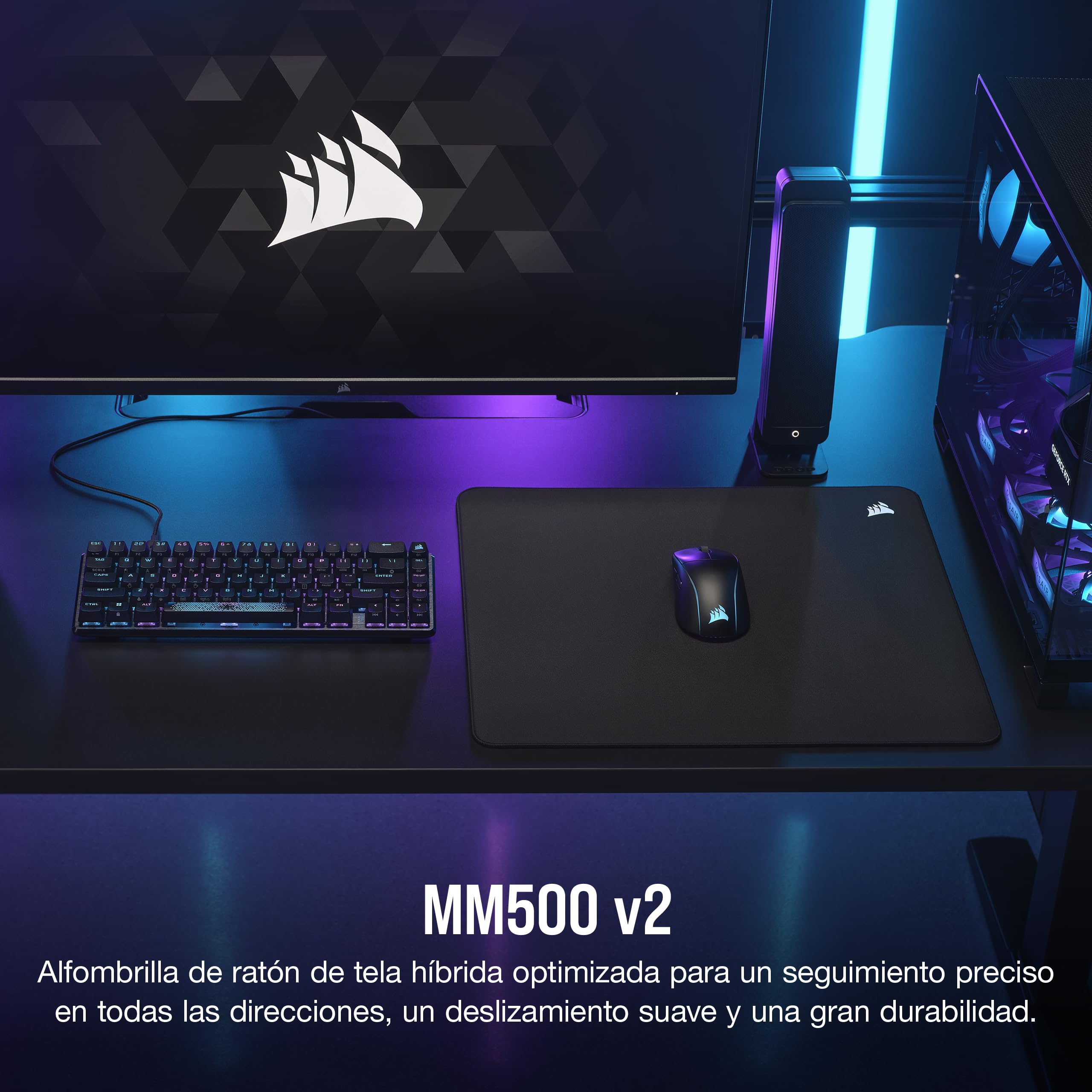 Corsair MM500 v2 Tela Híbrida Alfombrilla de Ratón Grande para Juegos – 45cm x 40cm – Revestimiento a Prueba de Salpicaduras – Bordes Cosidos Antirayas – Base de Goma Antideslizante – Negro