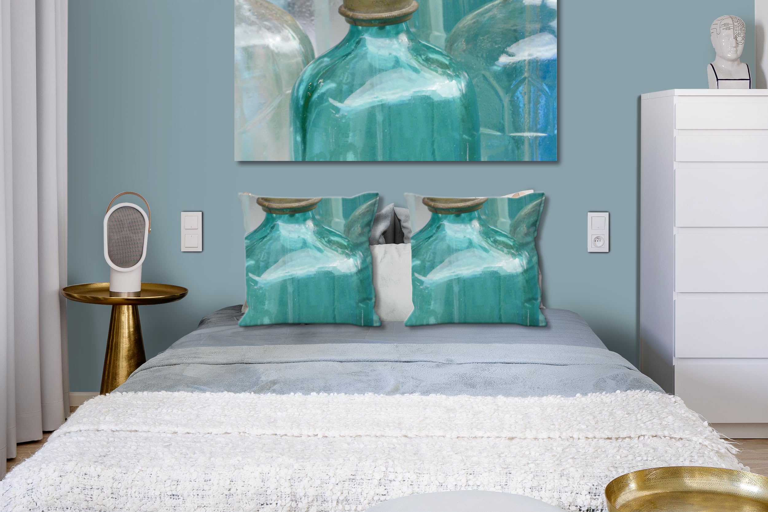 Glas-Schimmer 2 - Foto-Kissen-Hülle Set (2 STK.) 40 x 40 cm | Kissen-Bezüge - passend zu Wandbild - Deko-Kissen - Flasche Flohmarkt Paris Küche Getränke