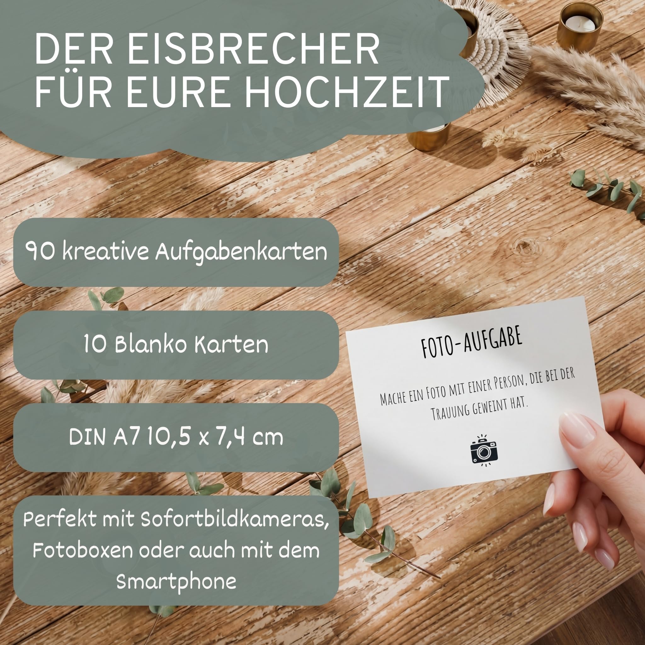 Fotoaufgaben & Gästebuch Hochzeit mit Fragen | Set für 100 Gäste | 100 Aufgabenkarten & Platz für bis zu 100 Gäste | Modernes, Schlichtes Design | Nachhaltig produziert