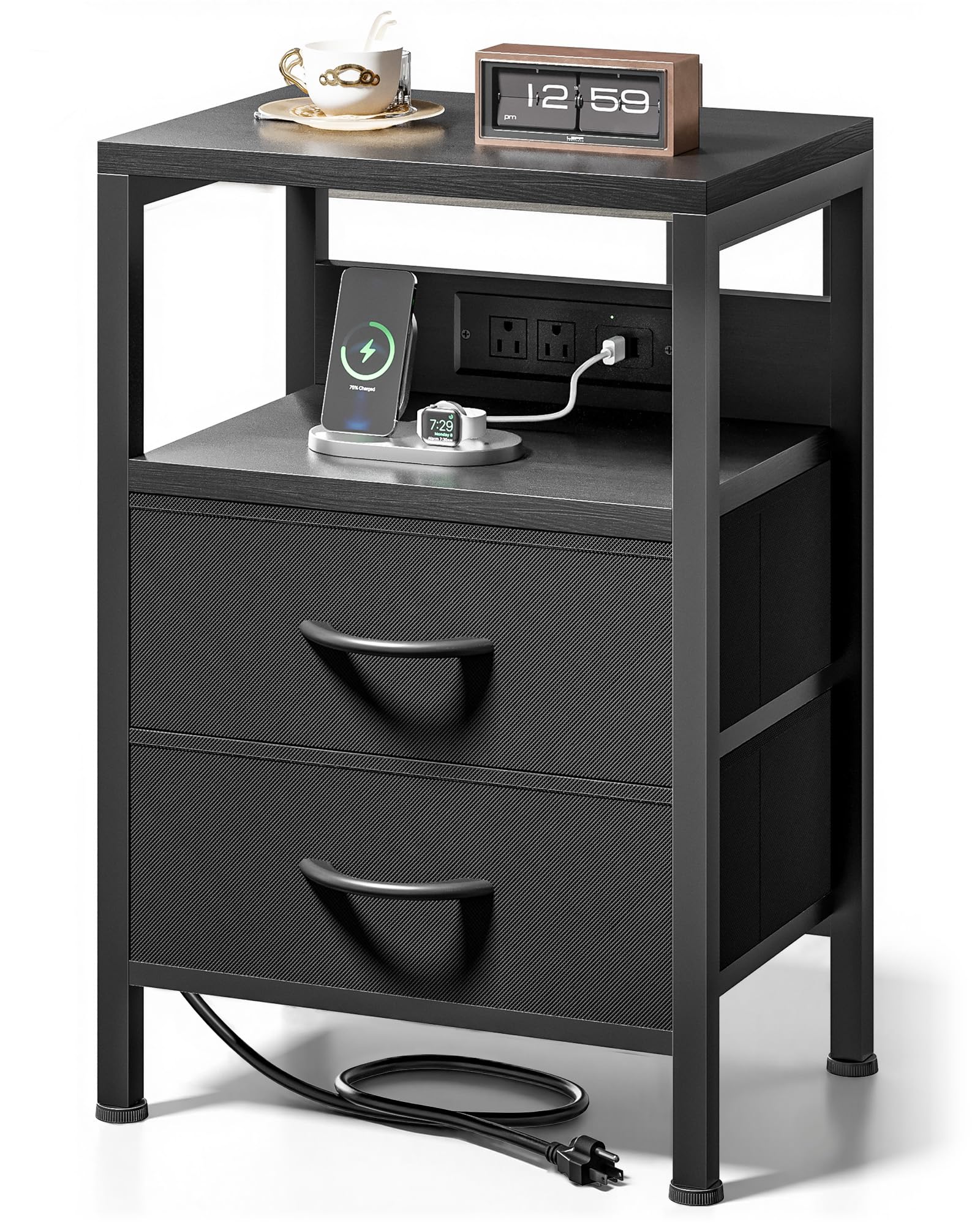 NightStand Bedside Charging Table Bedroom - Night Stand with Charger Station, Modern Nightstand with Open Shelf & 2 Fabric Drawers, Bed Side Table with USB-C Port for Dorm, Black