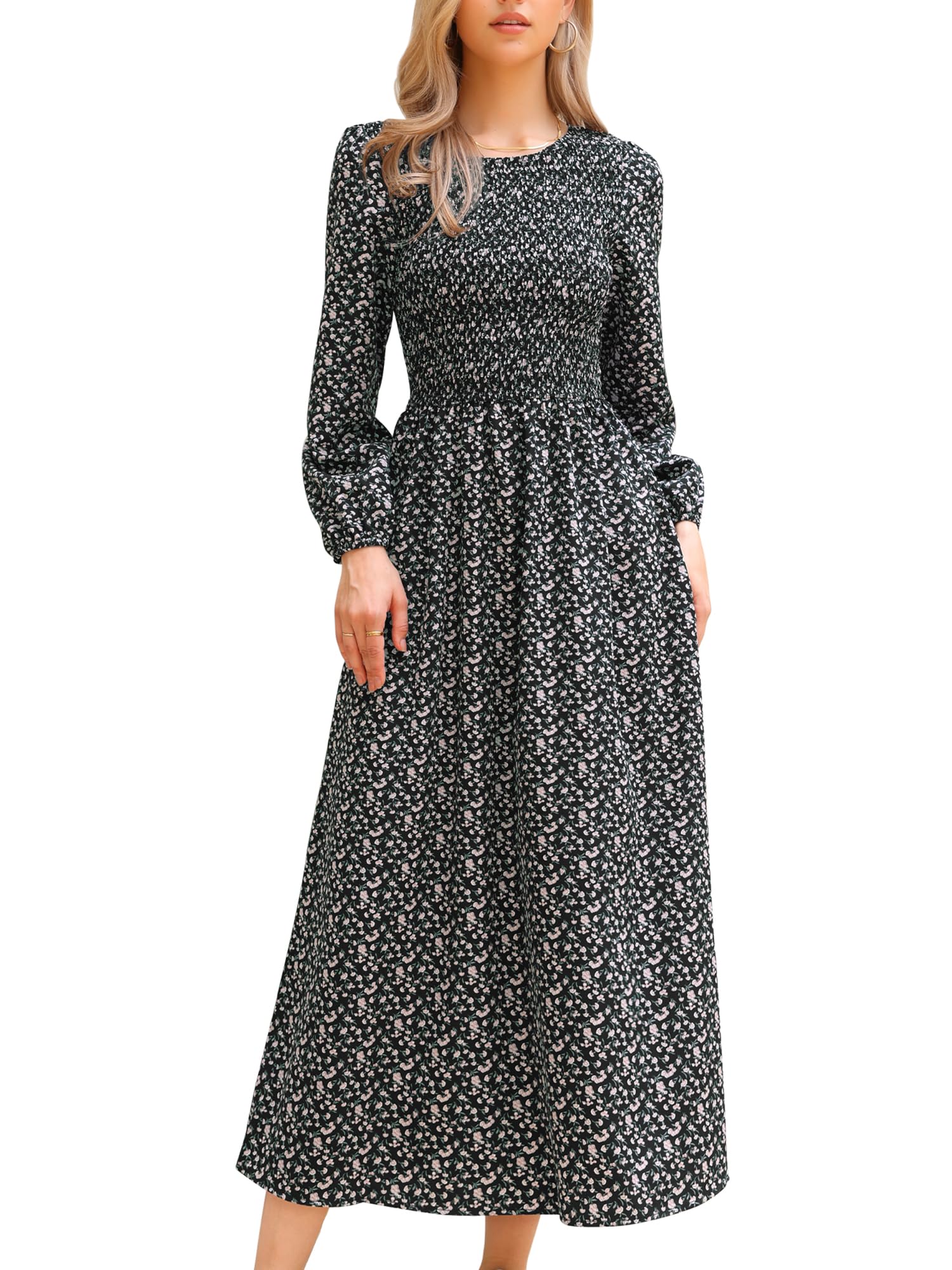 Allegra K Damen Langes Kleid mit Blumen Smokarbeit Puffärmel A-Linie Sommer Boho Maxikleider