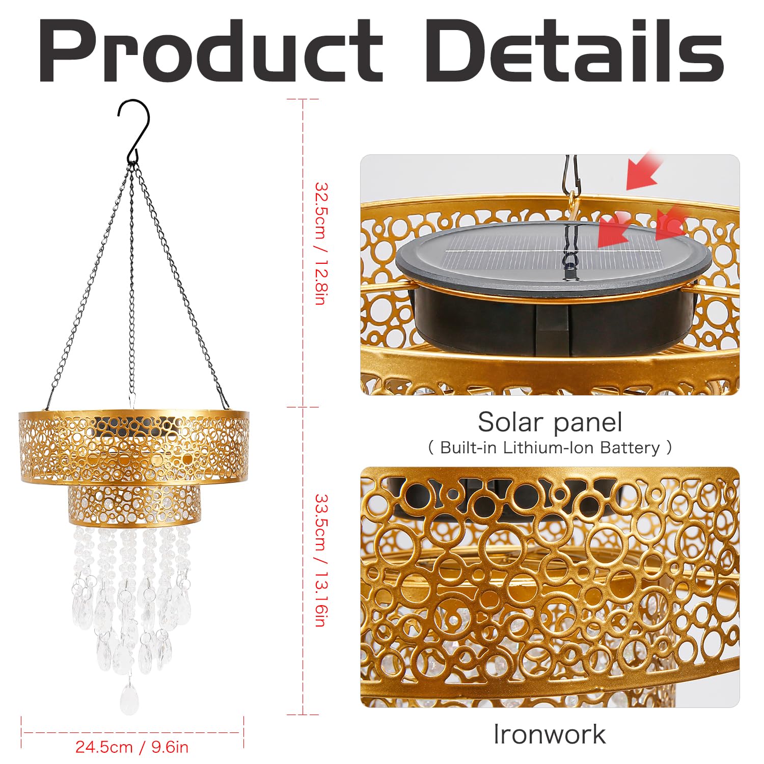 Solarlampen für Außen Solar Hängeampel mit Kristallperlen Gold Solar Laterne Garten Terrasse Balkon Outdoor Deko