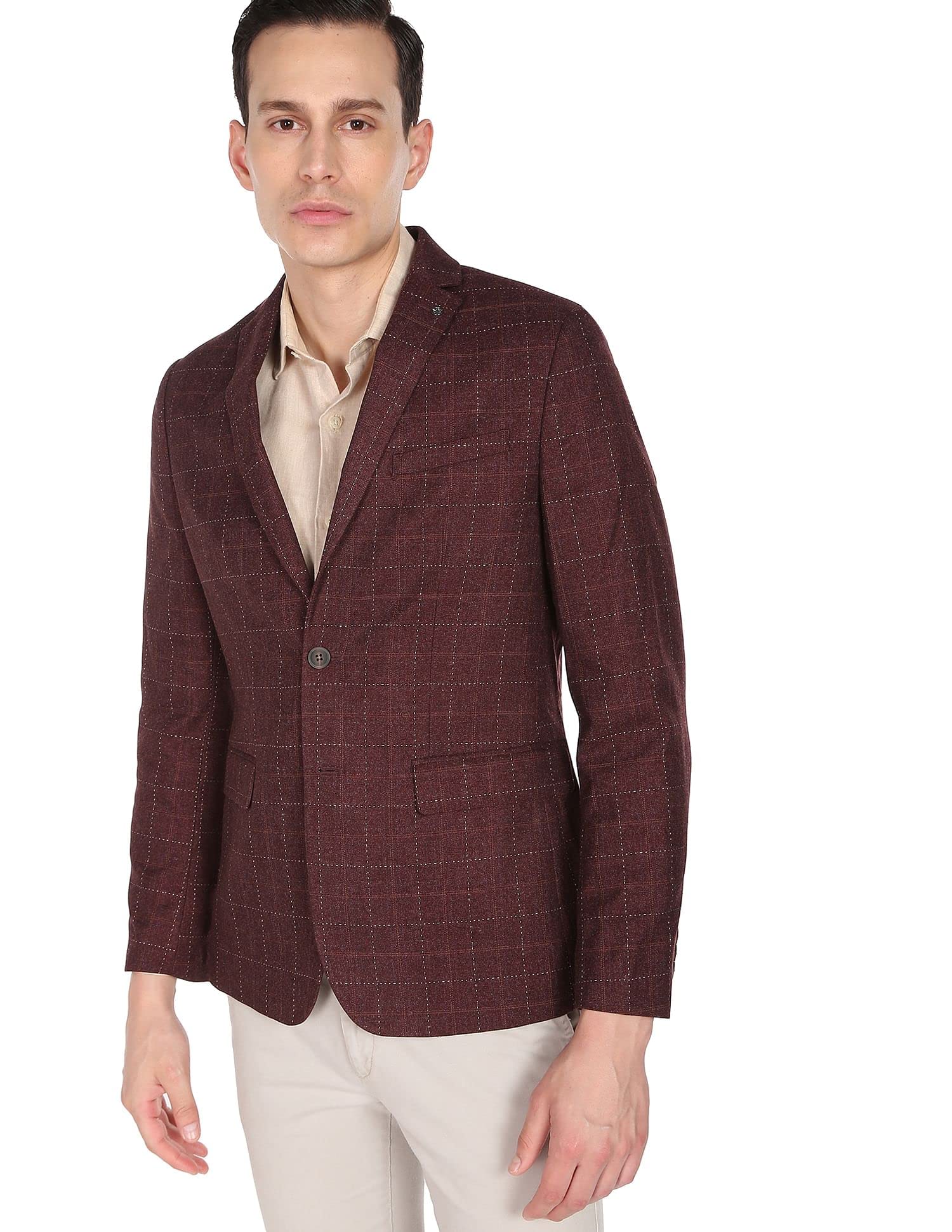 arrow Men Maroon Tartan Check Twill Weave Blazer-picture-19