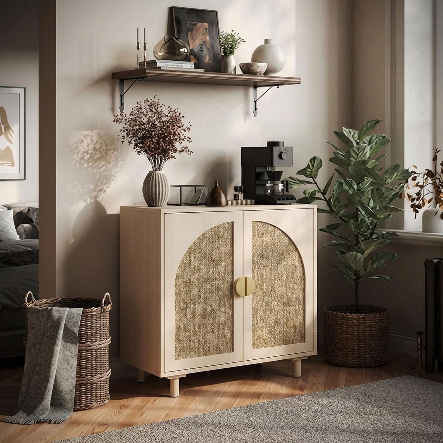 Rattan Cabinet, Sideboard with Magnetic Door Latch & Adjustable Shelf, Beige Boho Buffet for Living Room Entryway, 29.8" W x 15.7" D x 31.5" H(1 Piece)
