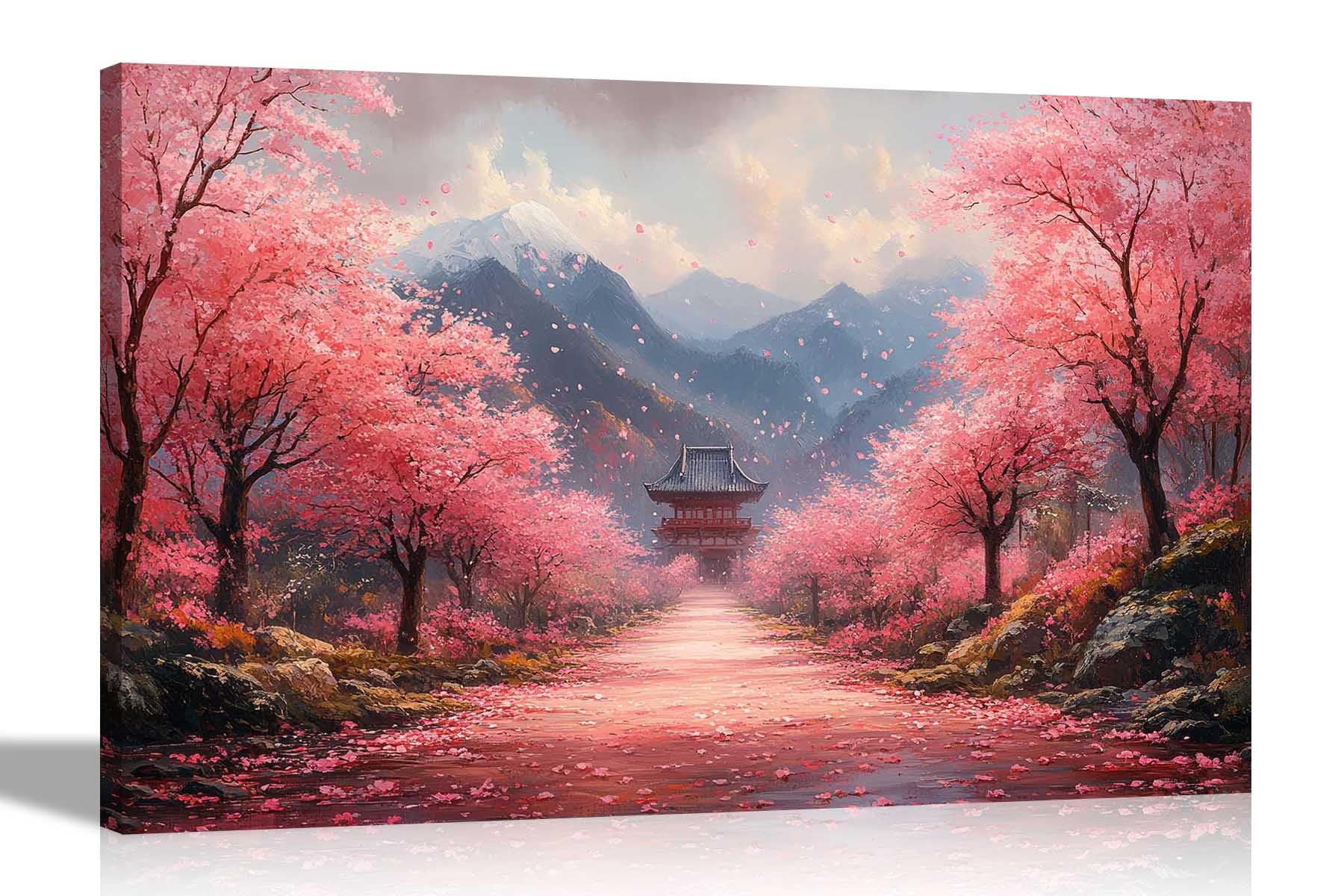 Artley Prints Mountain Walk Cherry Tree Temple - Japanese Temple Path Cherry Trees Mountains Canvas Wall Art Prints Pictures For Living Room Conservatory Hallway Decor Large 86 X 61Cm (34 X 24 Inches) A1