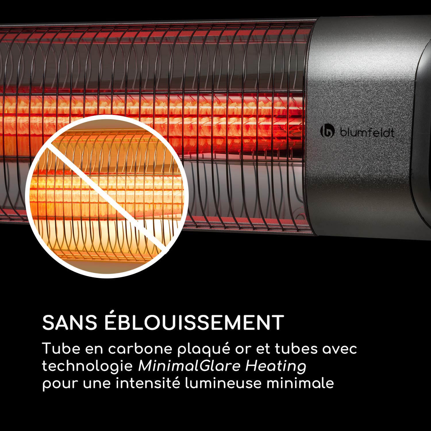 Blumfeldt Dark Wave Chauffage infrarouge, Chauffage de terrasse, MinimalGlare Heating Tube : tube carbone doré, 24 niveaux de chauffe, minuterie, IP65, écran LED, plafond 2000 W, argent