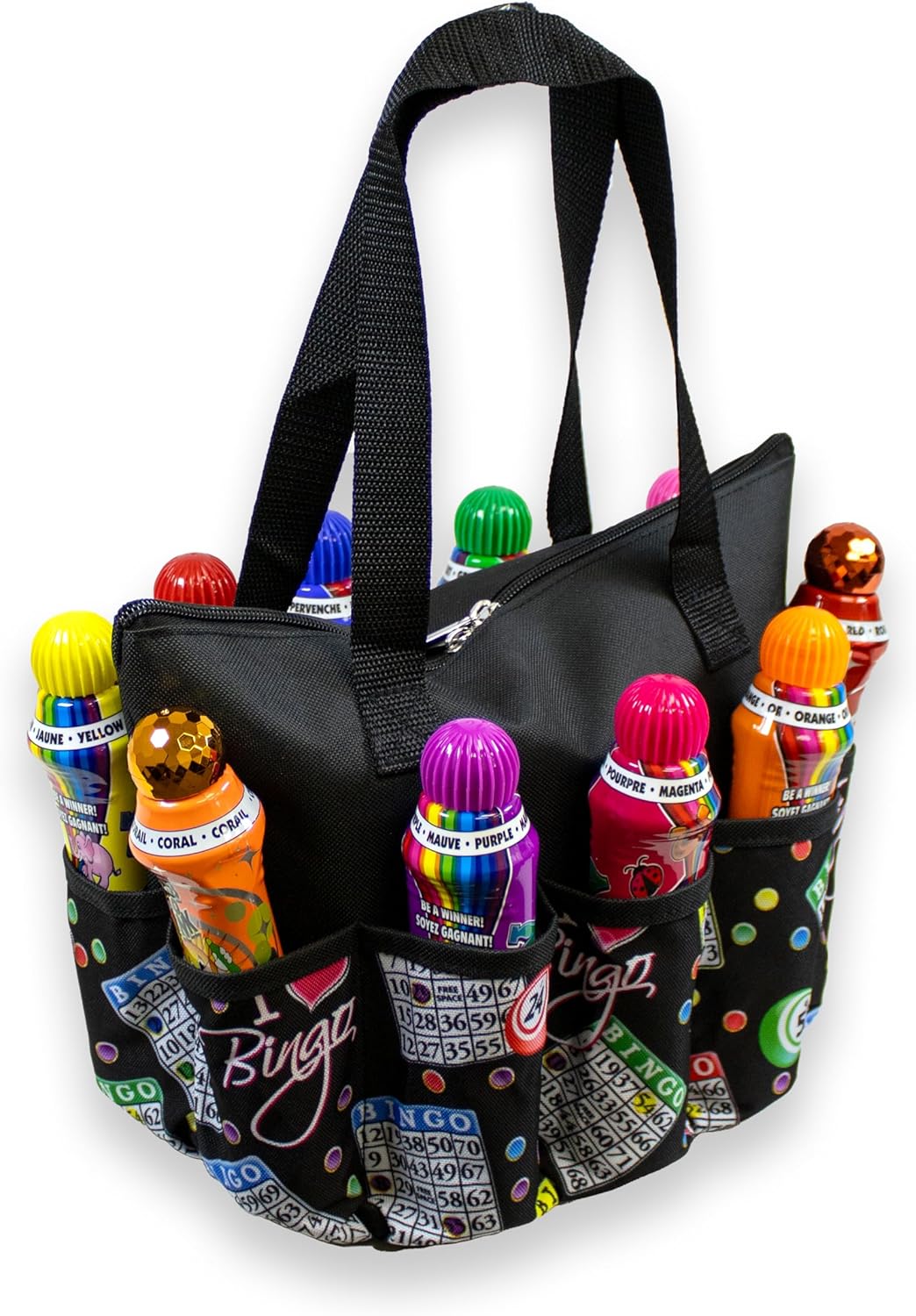 I Love Bingo Black Tote Bag with 10 Pockets for Daubers, Dabbers, Markers & Accessories – Bingo Bag with Zipper