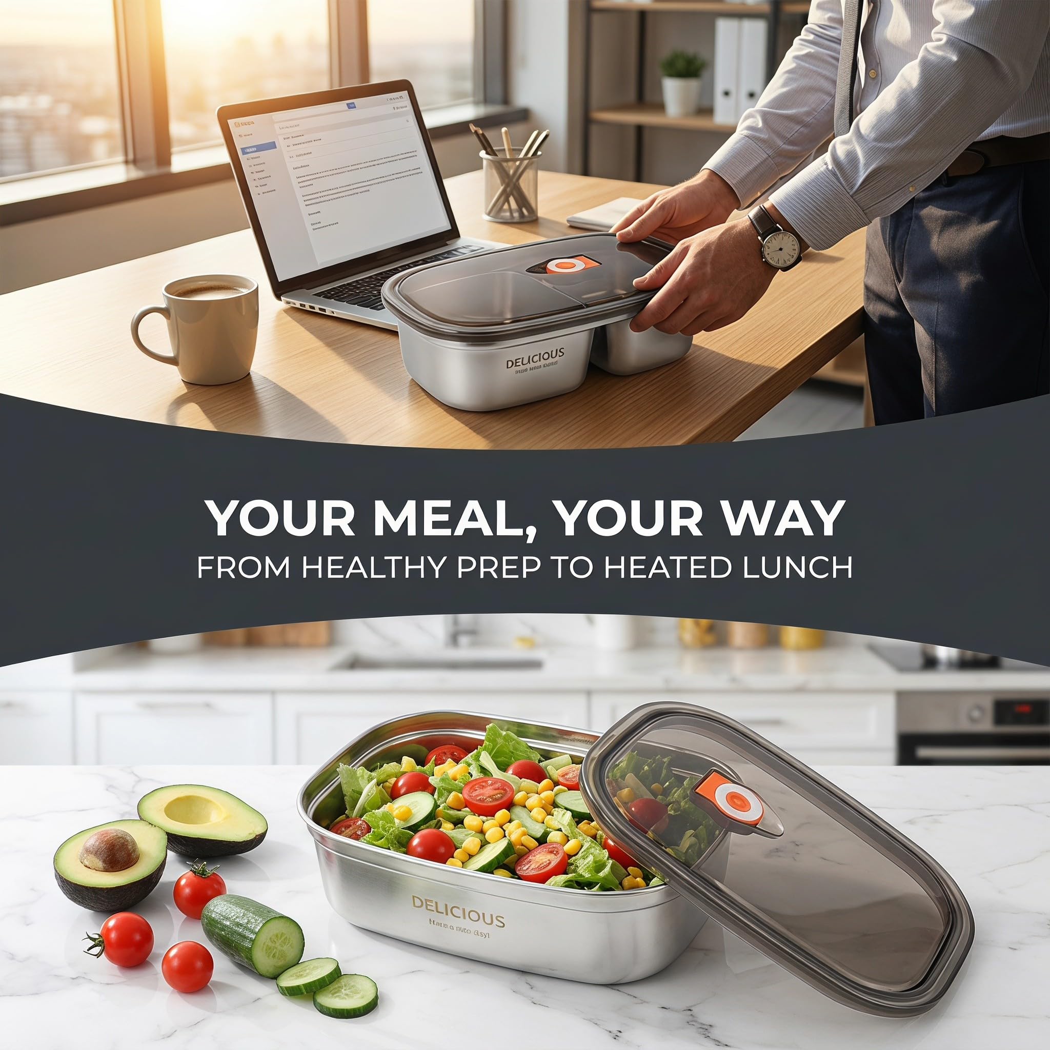 2 fiambreras 304 a prueba de fugas, 40 oz + 57 oz, recipiente térmico para almuerzo para adultos, almacenamiento de alimentos fríos y calientes de acero inoxidable para comidas de oficina.