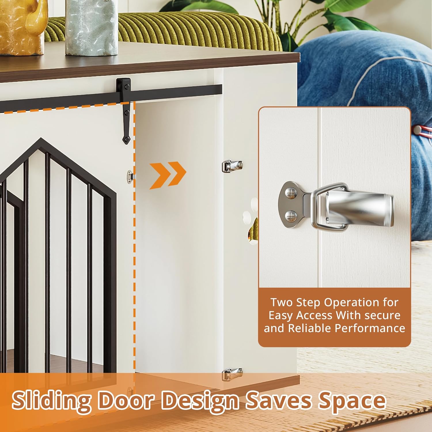 IRONCK Large Dog Crate Furniture with 2 Rotatable Dog Bowls, Wooden Dog Kennel with 2 Adjustable Shelves, Barn Doors Decorative Pet Cage Dog House as TV Stand, White