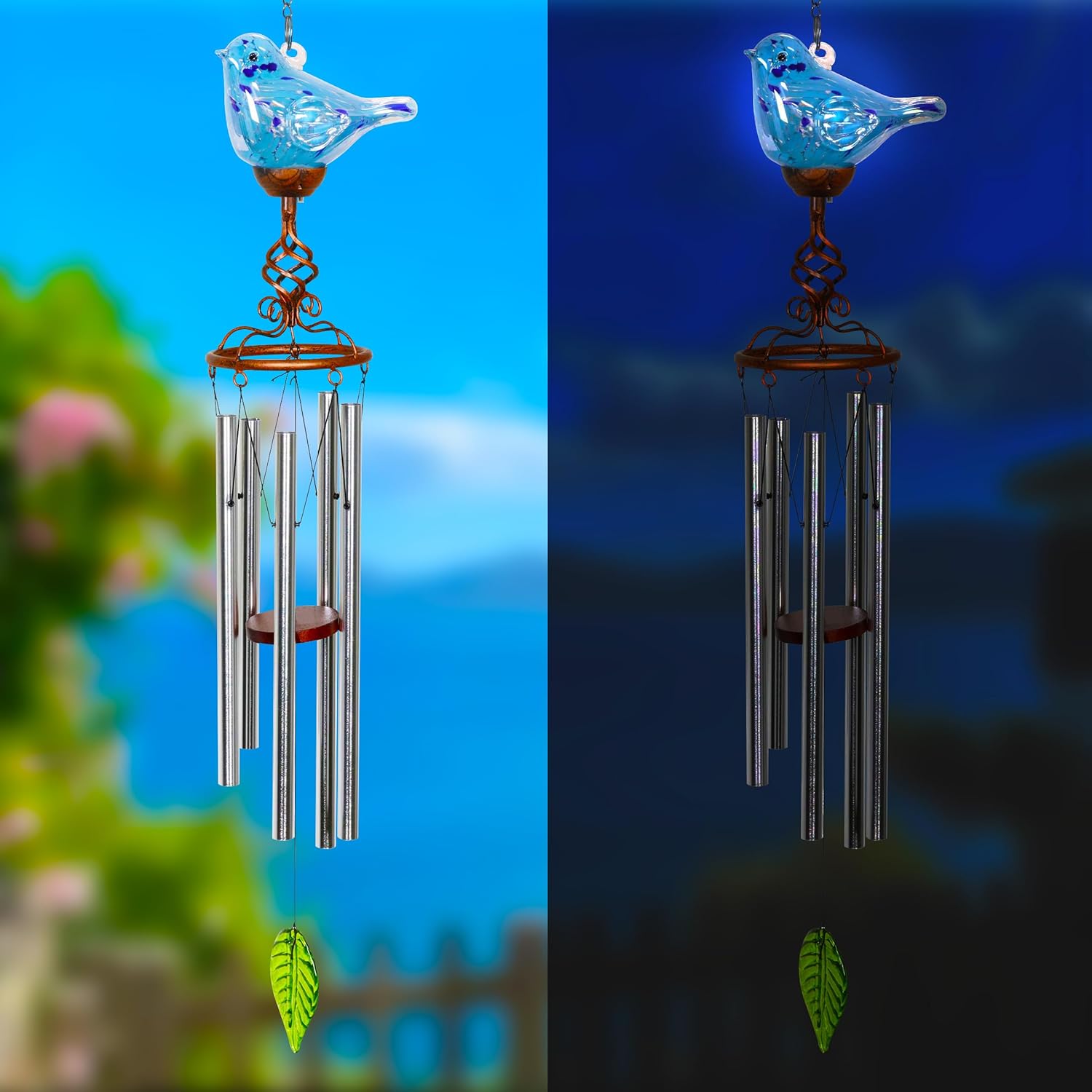 Solar Glass Bird Shape Wind Chimes, LED, Outdoor Glass and Metal Decoration for Lawn and Patio, 7 x 4 x 44 inches (Light Blue) - Image 7