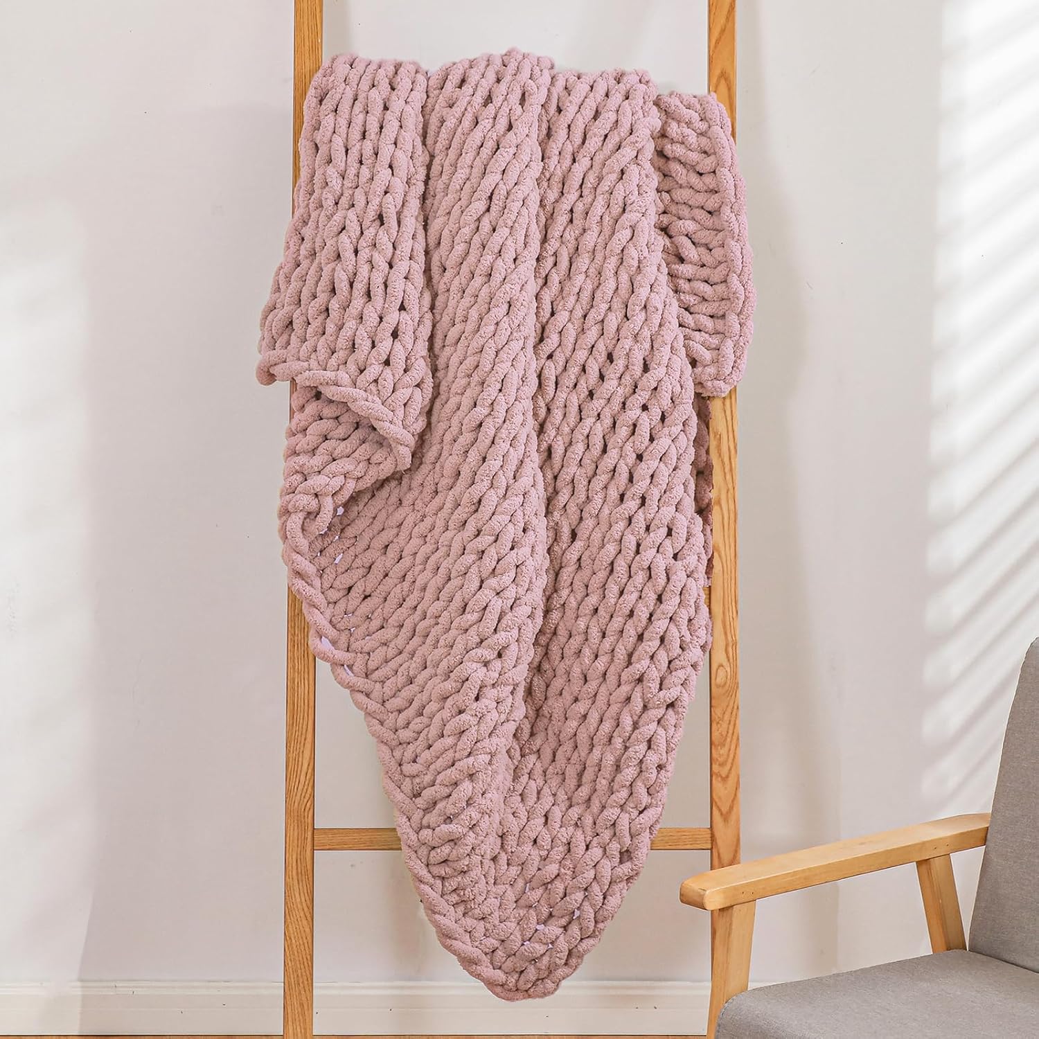 YAAPSU Chunky Knit Throw Blanket for Couch, 51"x63", 100% Hand Knitted Thick Cable Knit with Cozy Jumbo Chenille Yarn, Soft Large Rope Knot Crochet Blankets for Sofa Bed Living Room Décor, Dusty Pink - Image 8