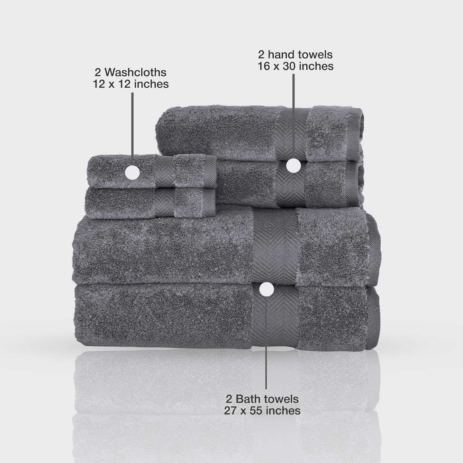 Classic Turkish Towels CTT - Luxury 6 Piece Towel Set, 100% Turkish Cotton, Quick Drying, Highly Absorbent & Comfy, Includes 2 Bath Towels, 2 Hand Towels & 2 Washcloths | (Grey)
