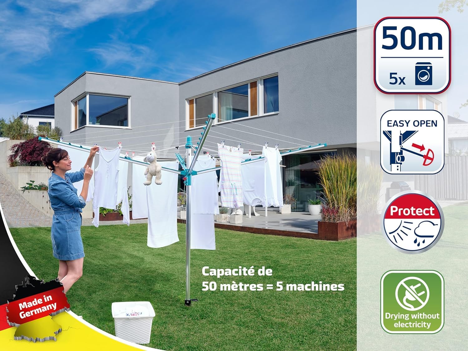 Leifheit Séchoir Parapluie Linomatic 500 Easy avec Housse de Protection, Douille de Sol, Système Easy-Lift, Etendoir à Linge 50m, Séchoir à Linge à Rétractation Automatique des Fils
