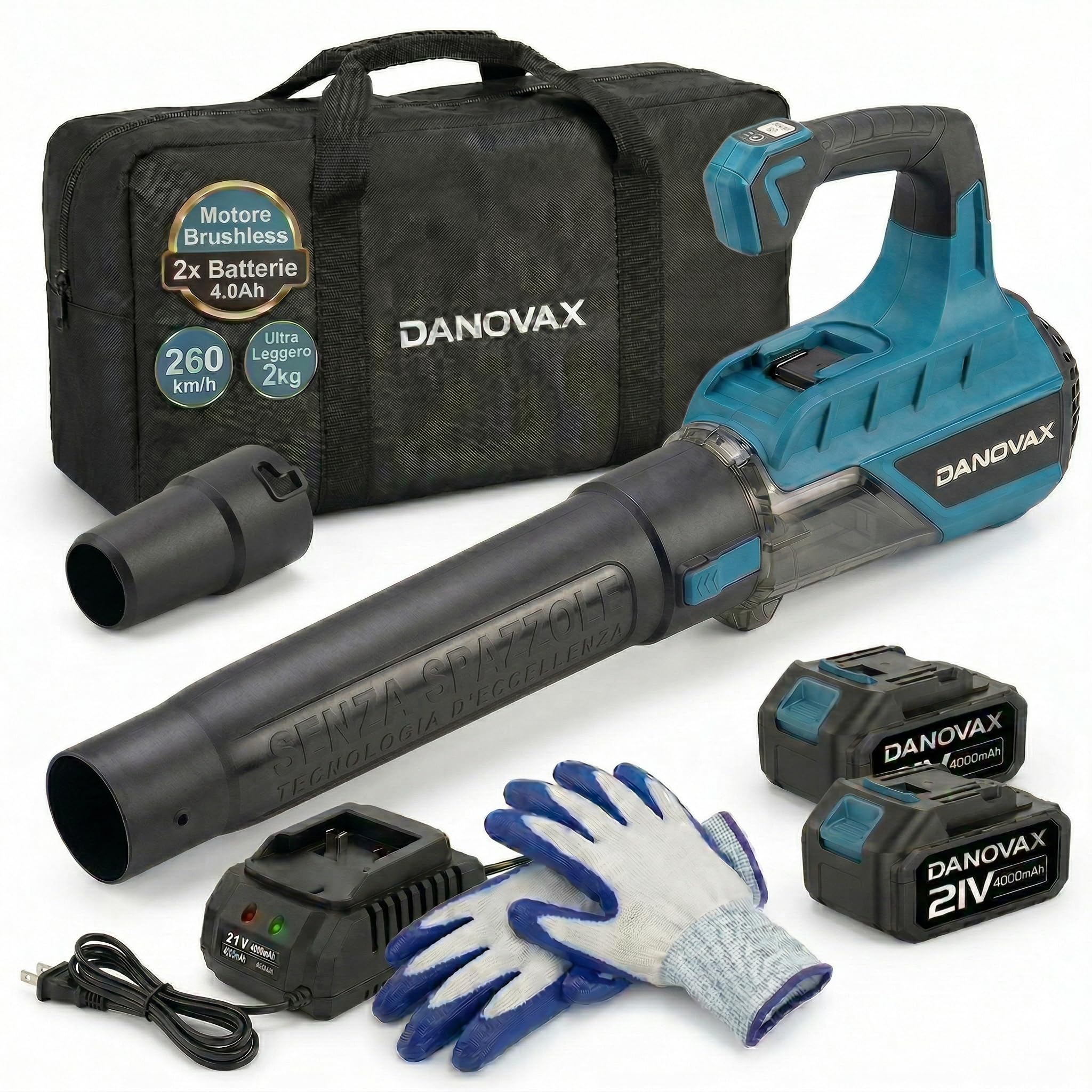 Soffiatore a Batteria, 2 batterie 4 Ah incluse, motore brushless, 3 velocità, grande potenza di soffiaggio fino a 260 km/h, caricatore con base, borsa per il trasporto e guanti inclusi