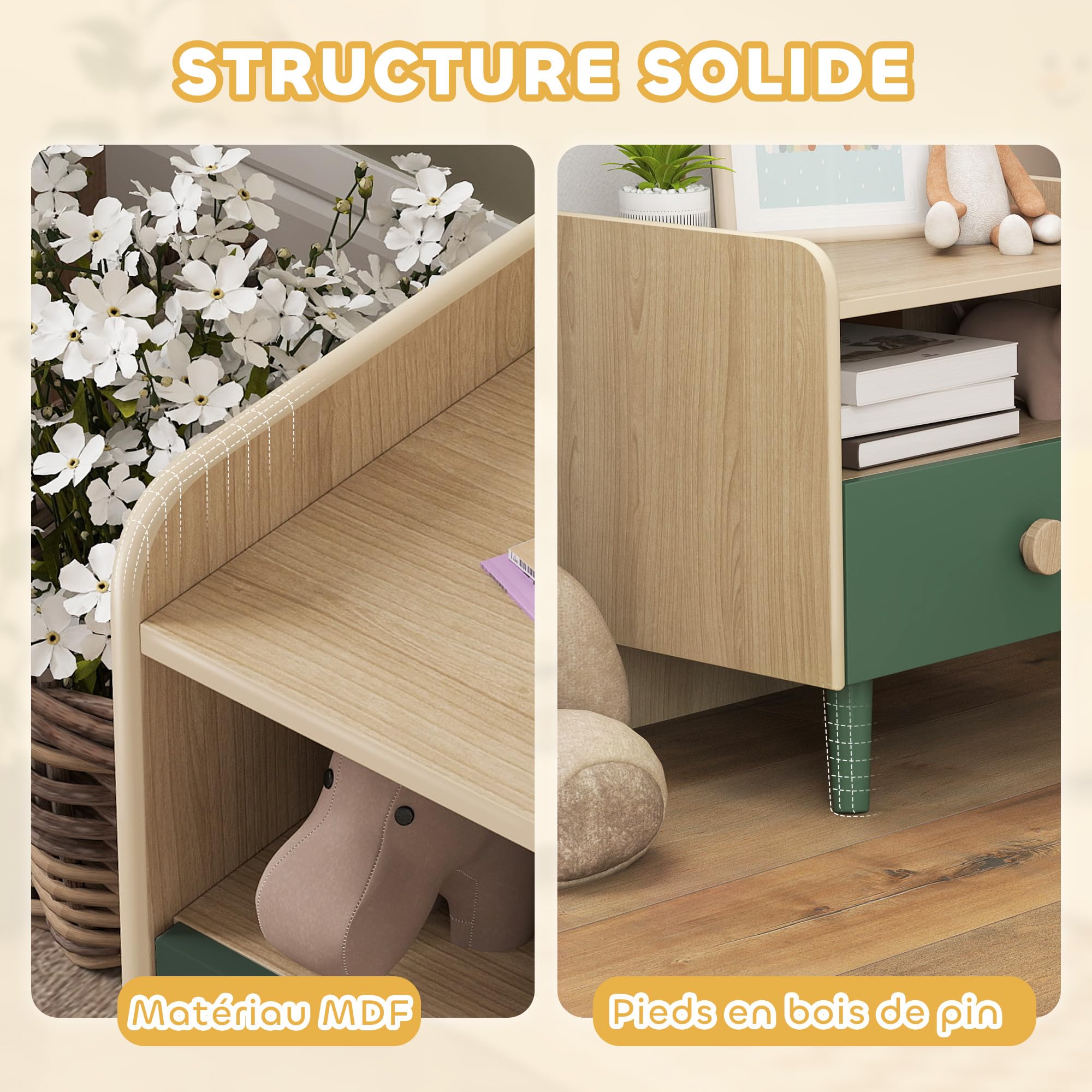 AIYAPLAY Lot de 2 Tables de Chevet Enfant, Tables de Nuit Enfant avec tiroir et Niche, Petite Table d'appoint en Bois pour Chambre d'enfant, 40L x 32,5l x 40H cm, Vert