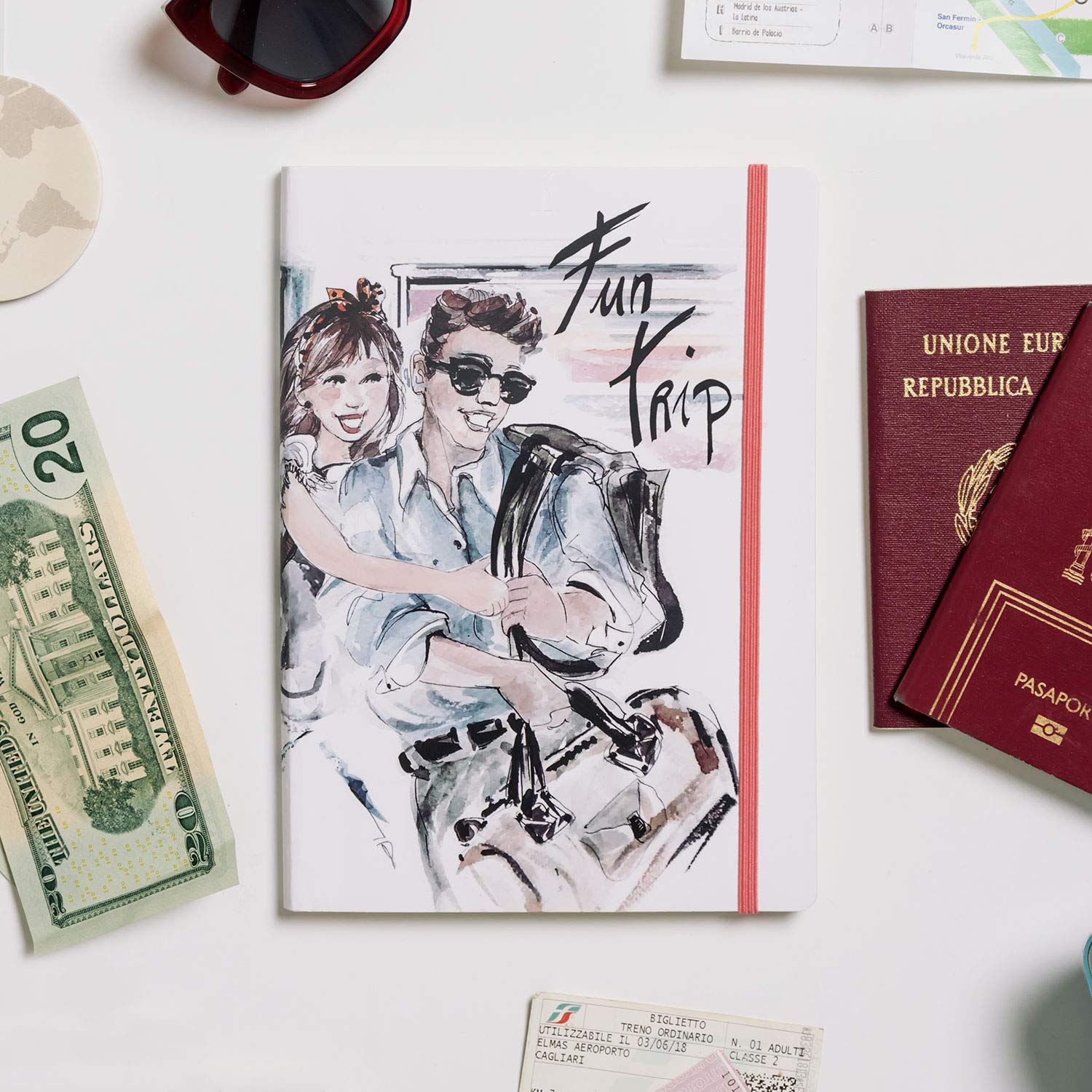 Recuerding - Pack 4 Cuadernos A5 de Viaje, 96 Páginas Cada Uno | con Bolsillo | Libretas Bonitas con Goma | para Notas y Dibujar | Hojas Color Marfil | Sketchbook | Hechos en España