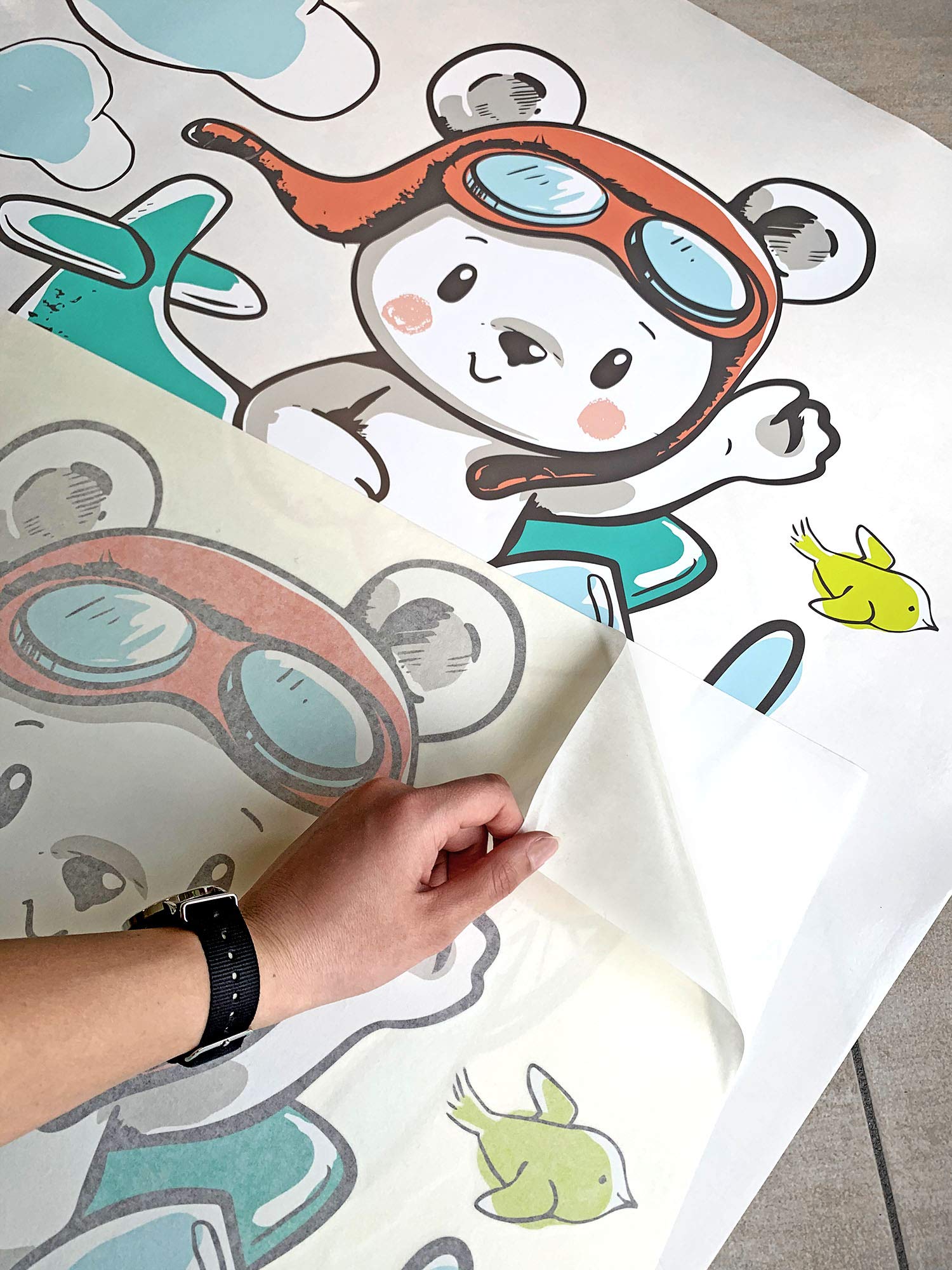 Adesivo Sticker murale per bambini - Orsetto Spaziale - Decorazione parete, adesivi per muro (Aeroplano 66×57cm)
