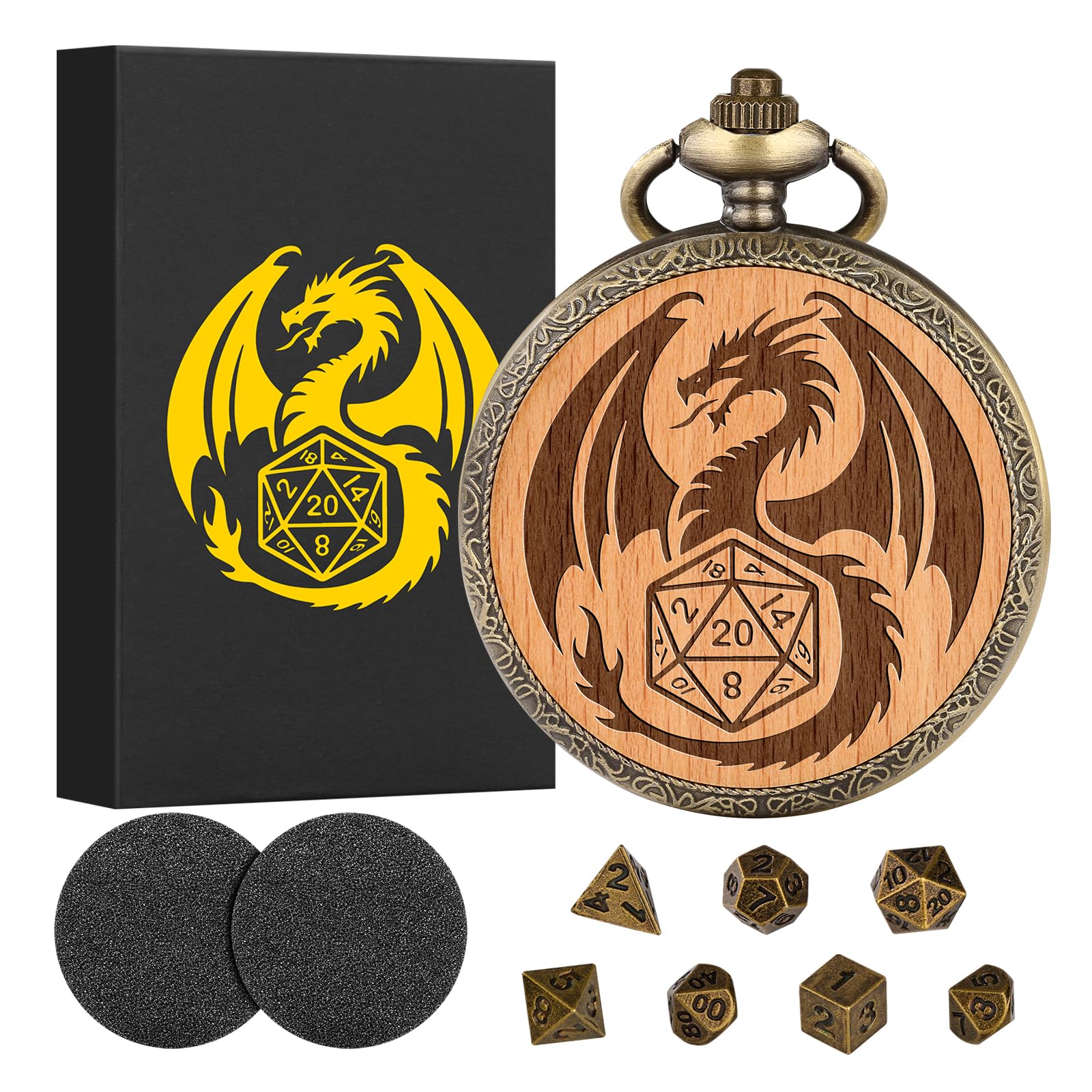 D&D Drache Mit Schwelt Taschenuhrgehäuse – 7-teiliges Metall-Würfel-Set Mit Ledertasche, DND Geschenk