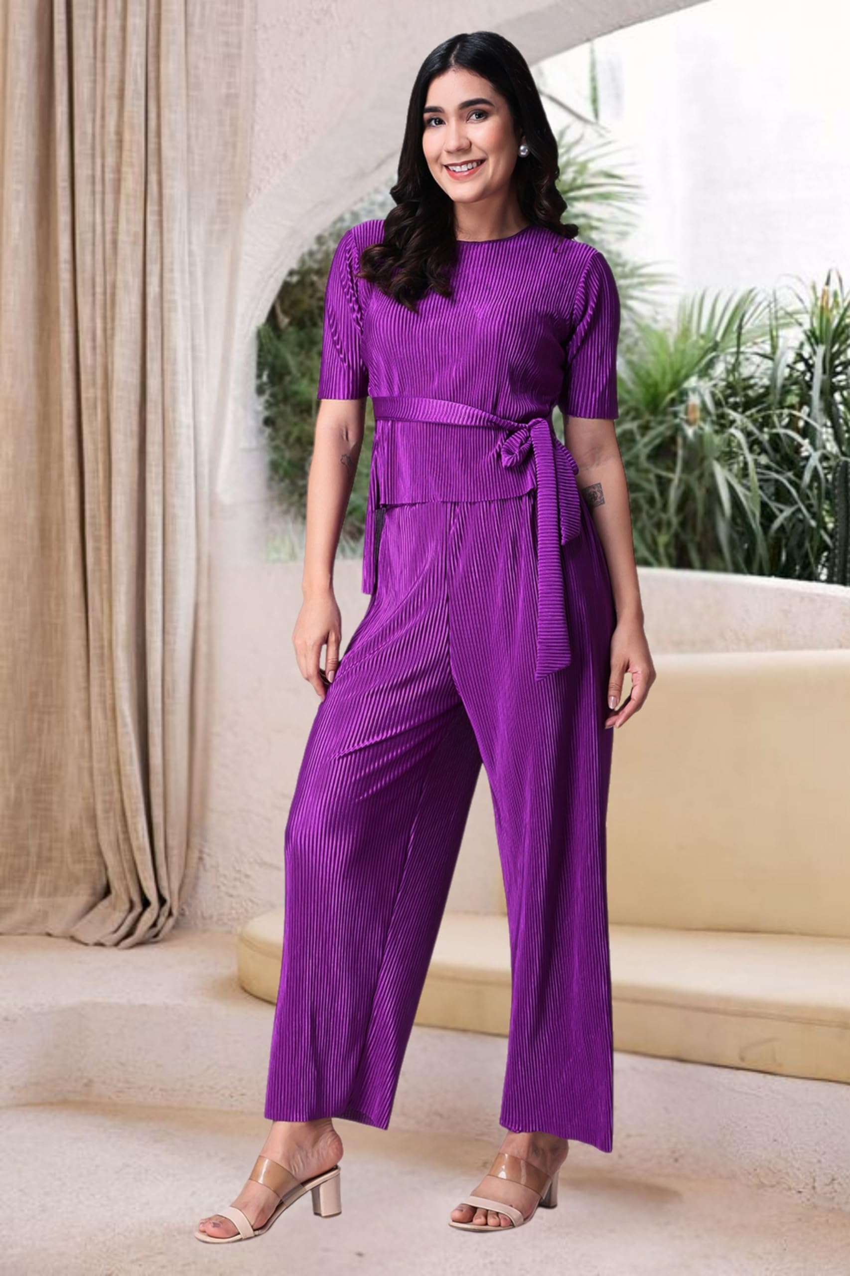 Popwings Casual Women Wrinkle Textured Purple Co-Ords Set