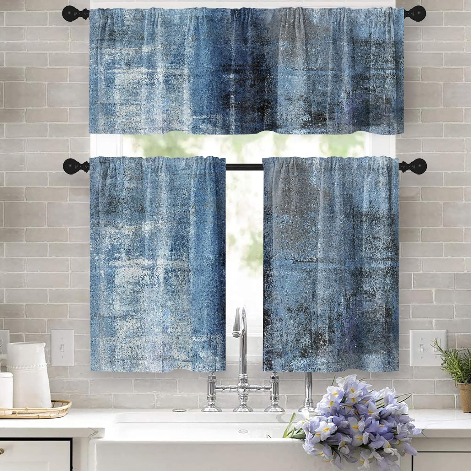 Tayney Blue Kitchen Curtains Grey Window Curtains Valance