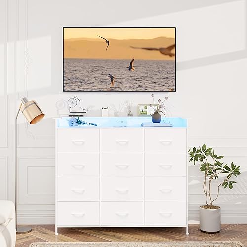 Miniatura 8 de Cómoda Blanca con Luces LED y Estación de Carga para Dormitorio, 12 Cajones, Cómodas y Cajoneras, Cómodas Altas para Pasillo, Entrada, Closets, Sala