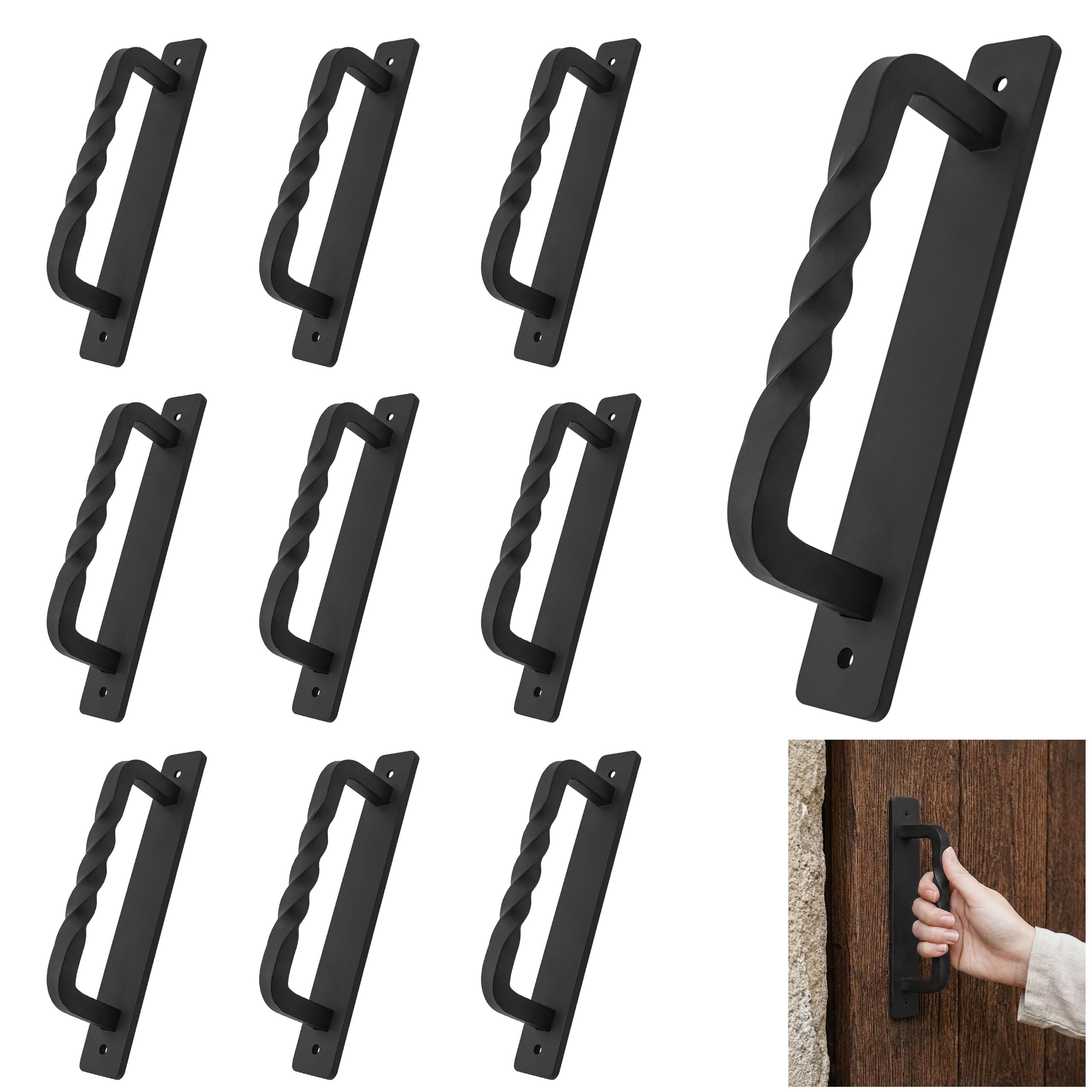 SaKeGa Mystic Colonial Rustic Twisted Barn Door Handle Black Wrought Iron Pull Handle for Sliding Barn Doors, Gates, Cabinets & Furniture - Pack of 10
