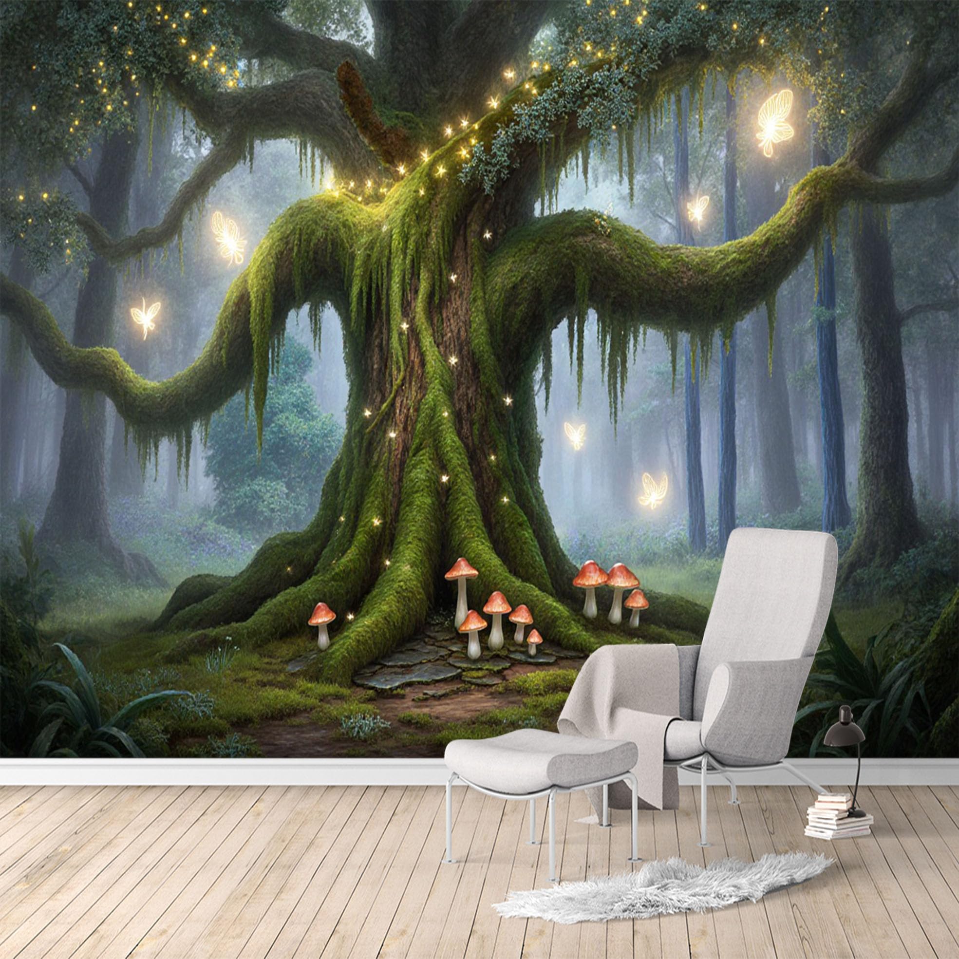 Custom Size Wall Murals, Enchanted Forest Tree with Fireflies and Mushrooms, SelfAdhesive Water Activated Removable Wall Covering, Large Photo Wallpaper for Living Room Bedroom Office