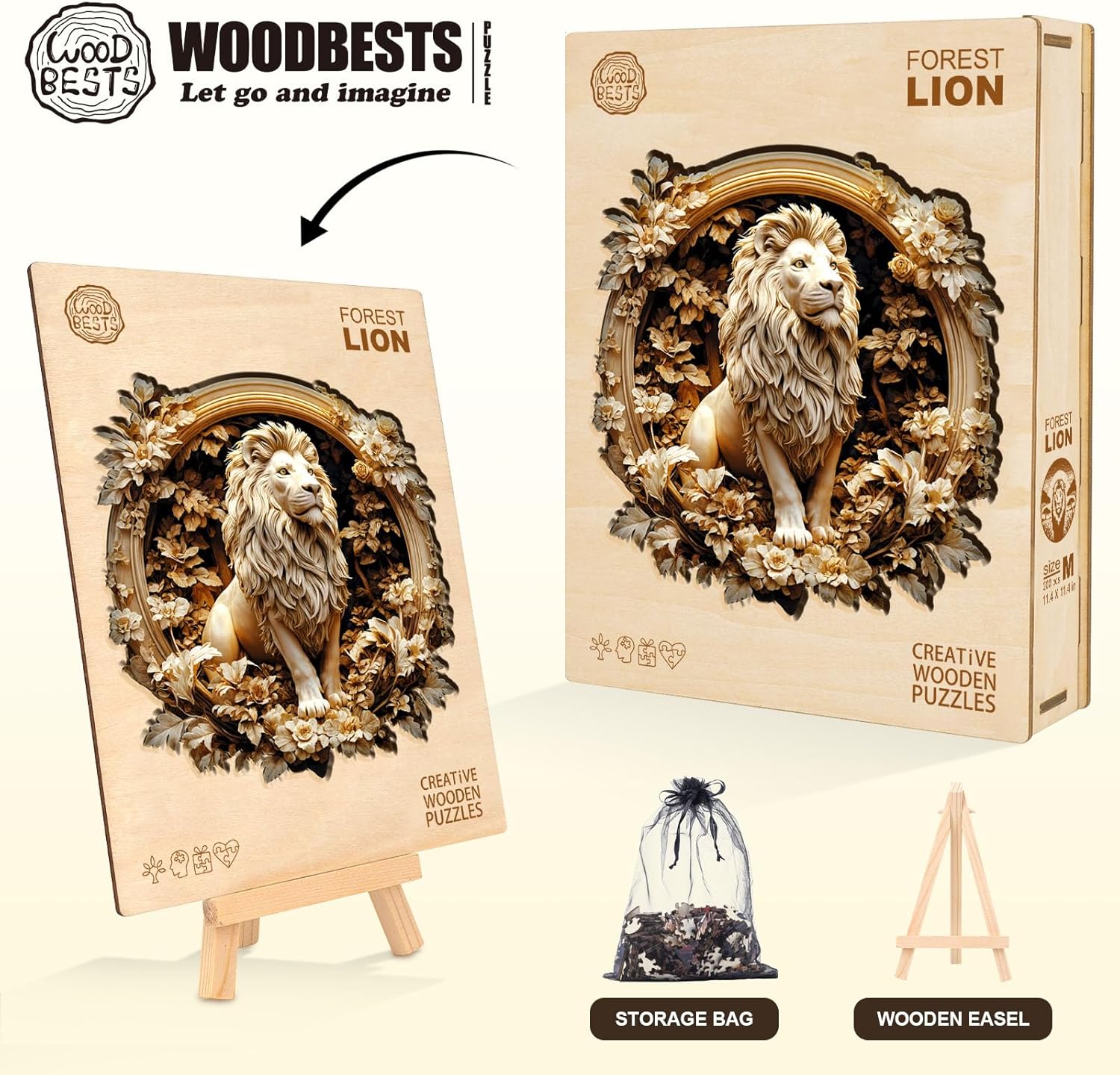 Wooden Puzzles for Adults, Forest Lion Wooden Jigsaw Puzzle 3D Visual Effect Unique Shape Animal Wood Puzzles Adult, Birthday Gifts for Puzzle Lovers (L-13.4 * 13.4in-275pcs)