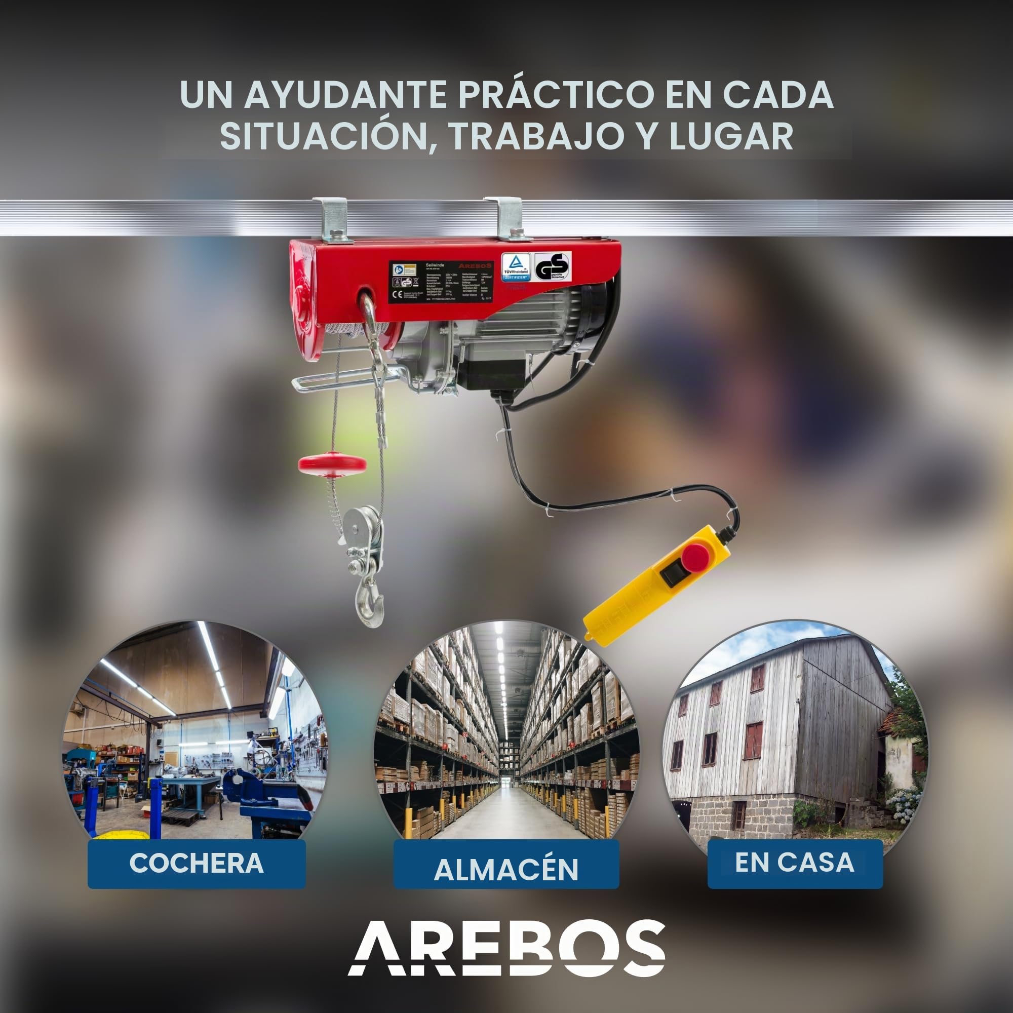 Arebos Polipasto eléctrico cuerda 500 W | Elevador de cuerda | Eléctrico cuerda Torno de motor – Cabrestante | Capacidad de carga 100-200 kg (KG) | Certificado GS