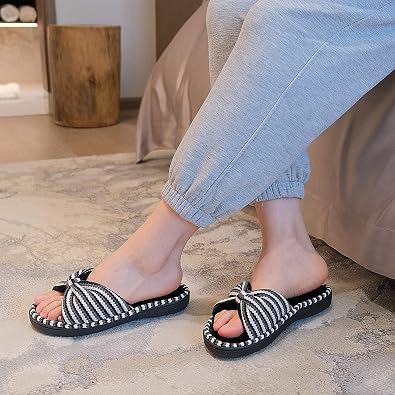 DL Women's Memory Foam Open Toe Slide Slippers with Cute Bow and Cozy Terry Lining, Slip-on House Shoes Spa Mules Sandals with Indoor Outdoor Rubber Sole, Black, 11-12
