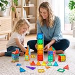 Gemmicc Magnetic Tiles, Deluxe 136 PCS Building Blocks Magnet Toys for Kids,3D Magnet Puzzles Stacking Blocks for Boys Girls,Huge Set with 2 Cars