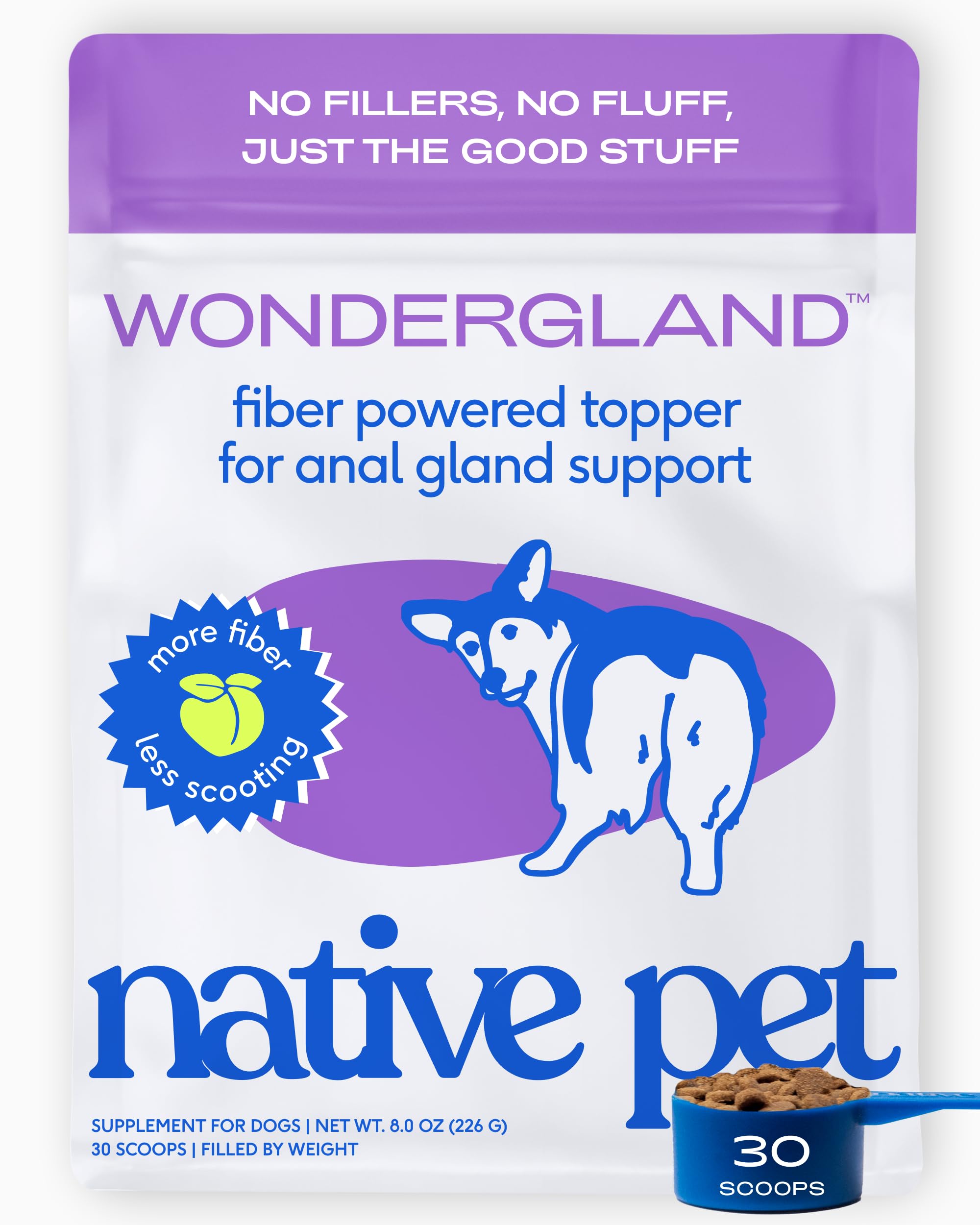 Native Pet WonderGland - Dog Anal Gland Supplement - Promotes Firm Stools, Natural Gland Expression to Help Reduce Scooting - Fiber Food Topper with Miscanthus Grass, Pumpkin &amp; Probiotics - 30 Scoops