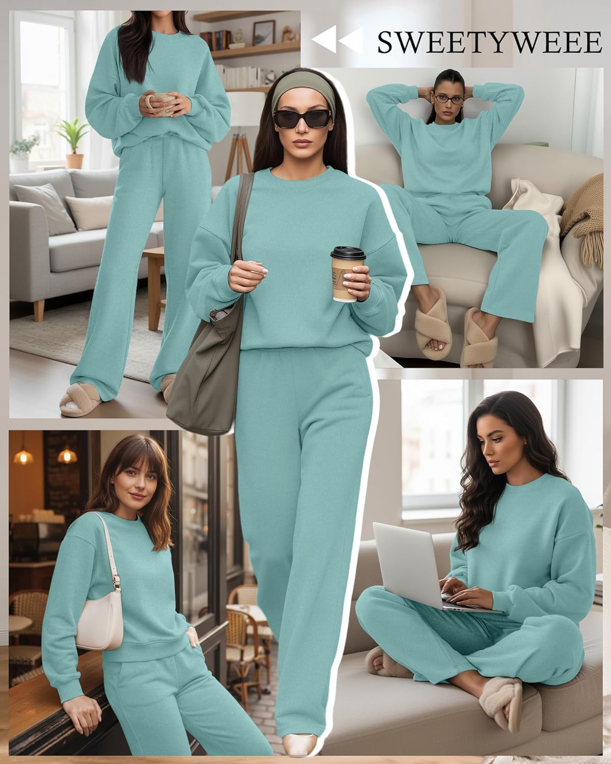 Women's 2 Piece Outfits Set Fleece Lined Lounge Sweatsuit Crewneck Pullover Top Wide Leg Pants Casual Tracksuit - Image 2