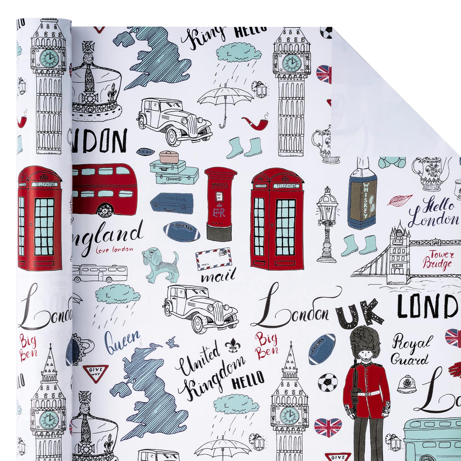 WRAPAHOLICLondon Wrapping Paper Roll - Mini Roll - 17 Inch x 33 Feet - UK England London City Design, Perfect for Birthday, Party, Holiday