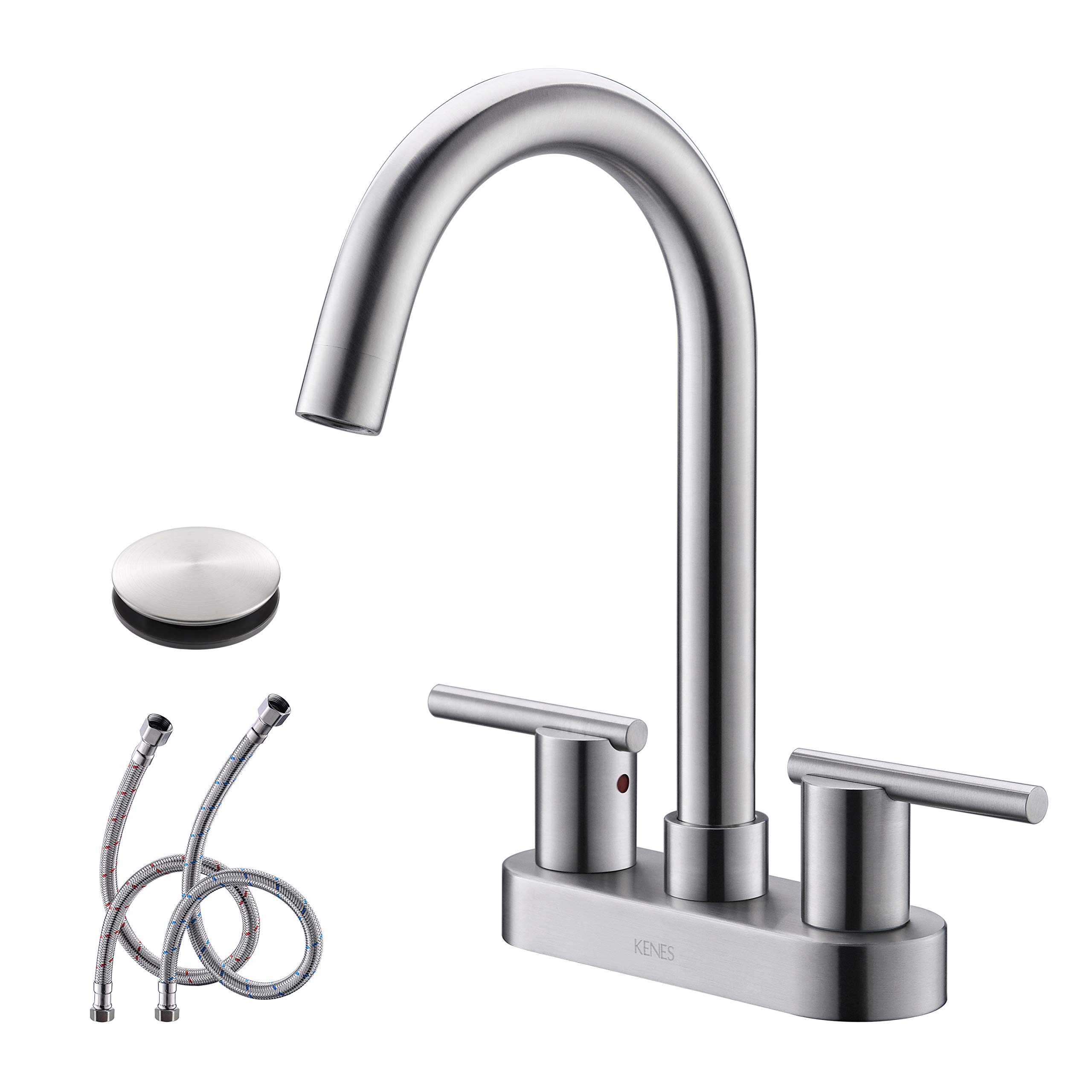 KENES4 Inch 2 Handle Centerset Bathroom Faucet, Brushed Nickel Lead-Free Modern Commercial Bathroom Sink Faucet, with Pop Up Drain and Two Water Supply Lines, KE-9019