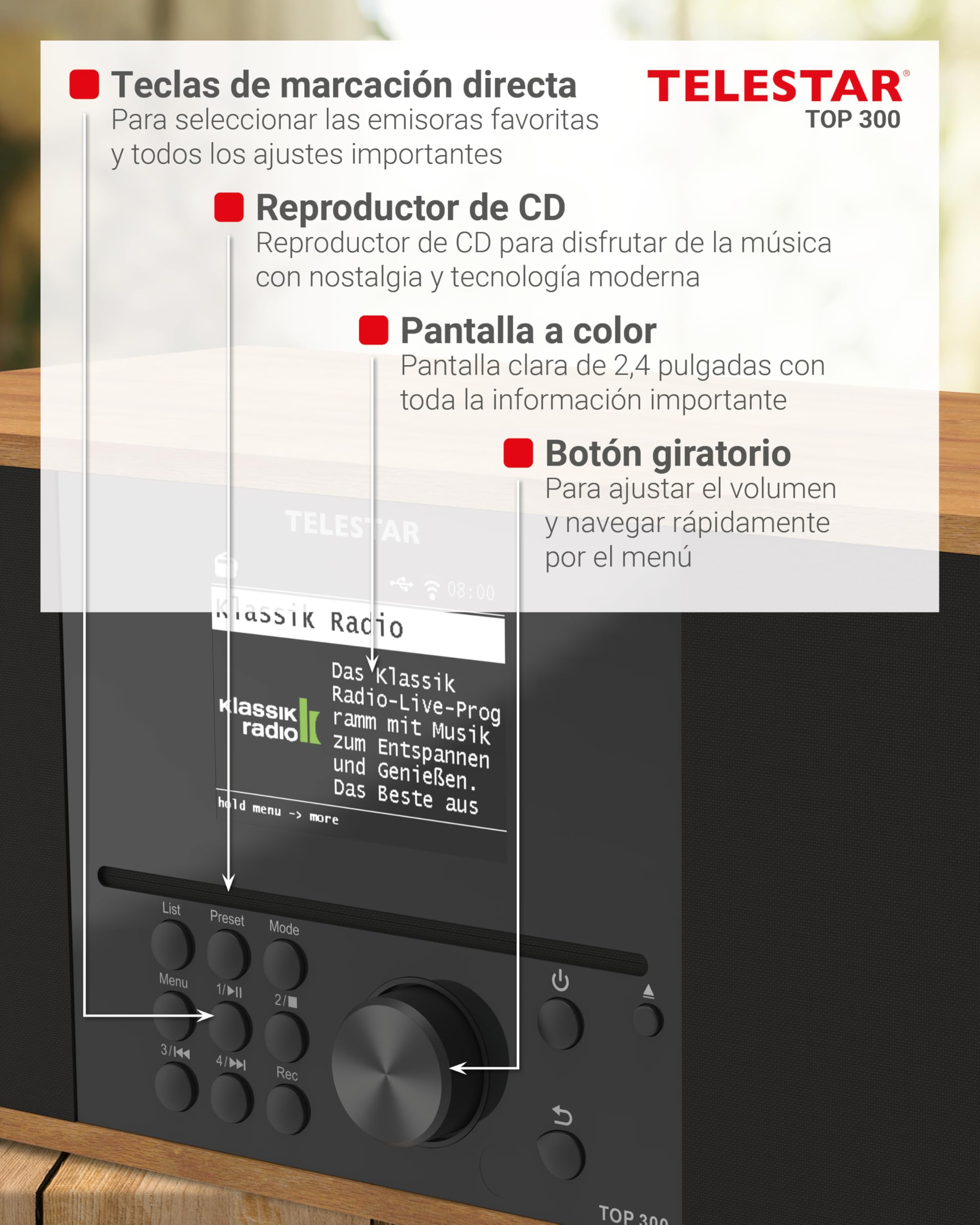 TELESTAR Top 300 – Radio Dab+/Internet con CD, estéreo – Madera | 2 × 15 W, servicios de streaming, Bluetooth audio & función de transmisión, grabación USB, sistema de alerta de emergencia