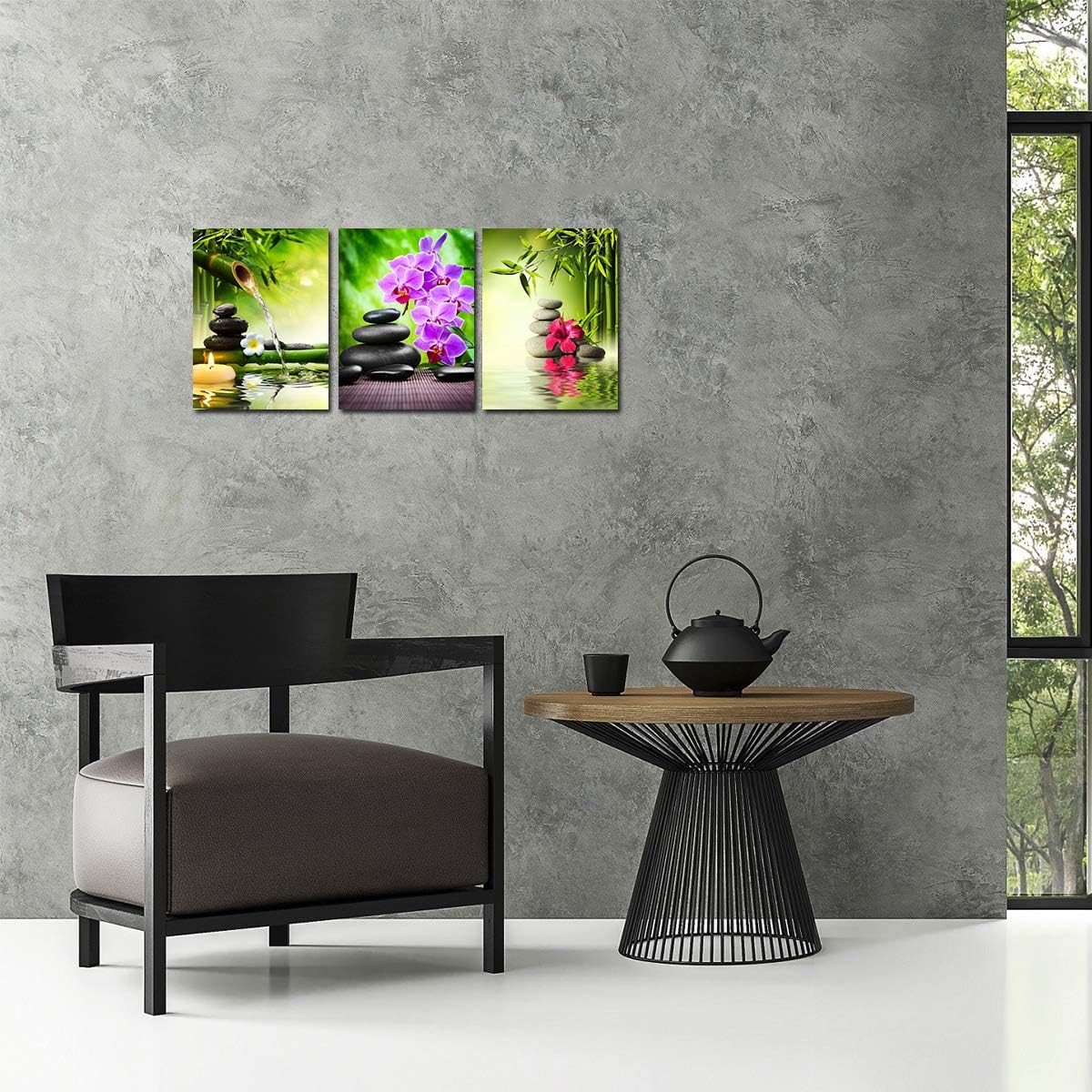 Zen Decor Canvas Wall Art - 3 Panel Green Bamboo Picture Framed Painting for Living Room Bedroom Kitchen Home Office Stones and Orchid Spa Poster Ready to Hang Canvas Print Still Life Modern Artwork