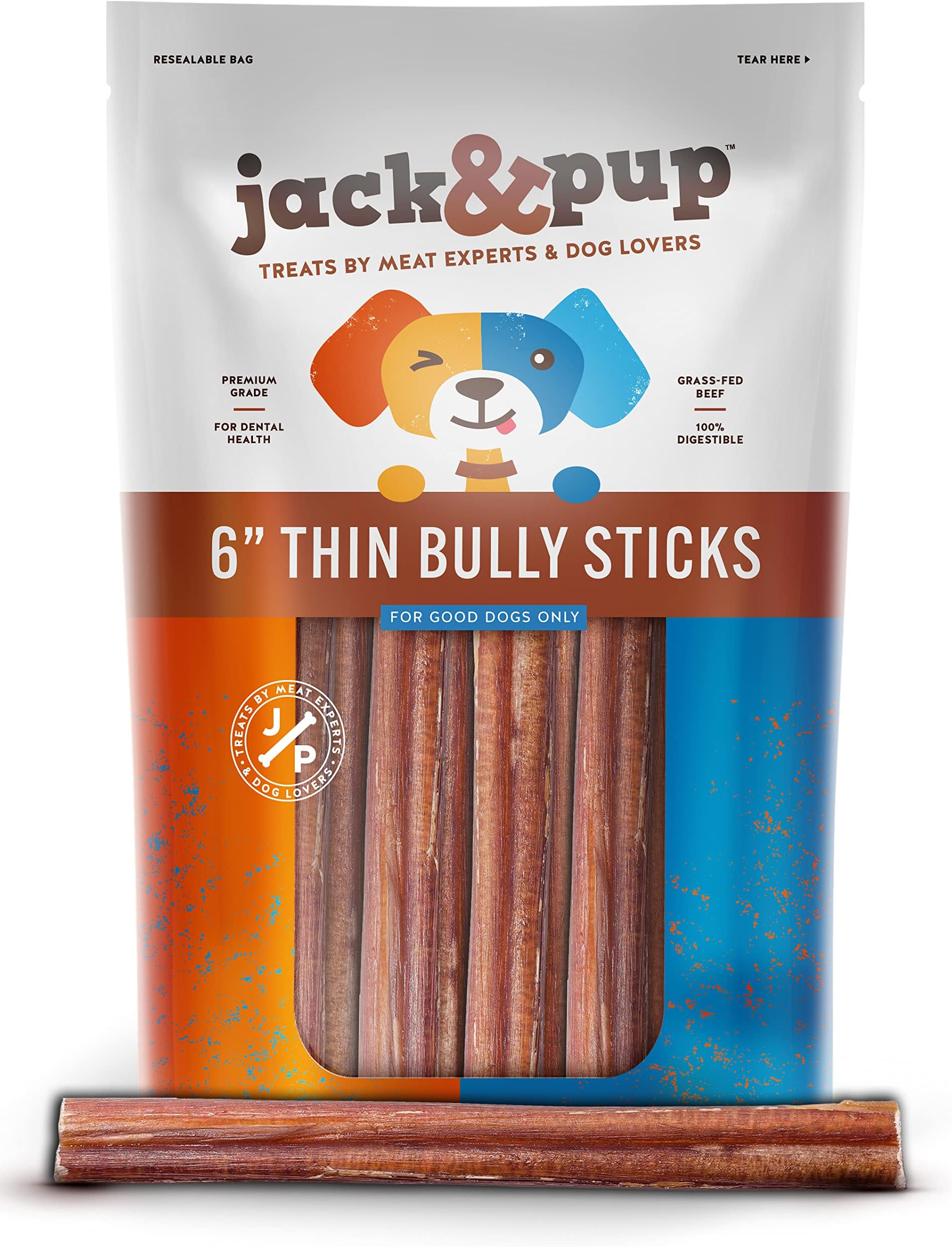 Jack&Pup 6 Inch Thin Bully Sticks for Small Dogs (10 Pack) Natural Dog Chews, Bully Sticks for Puppies, Senior Dogs