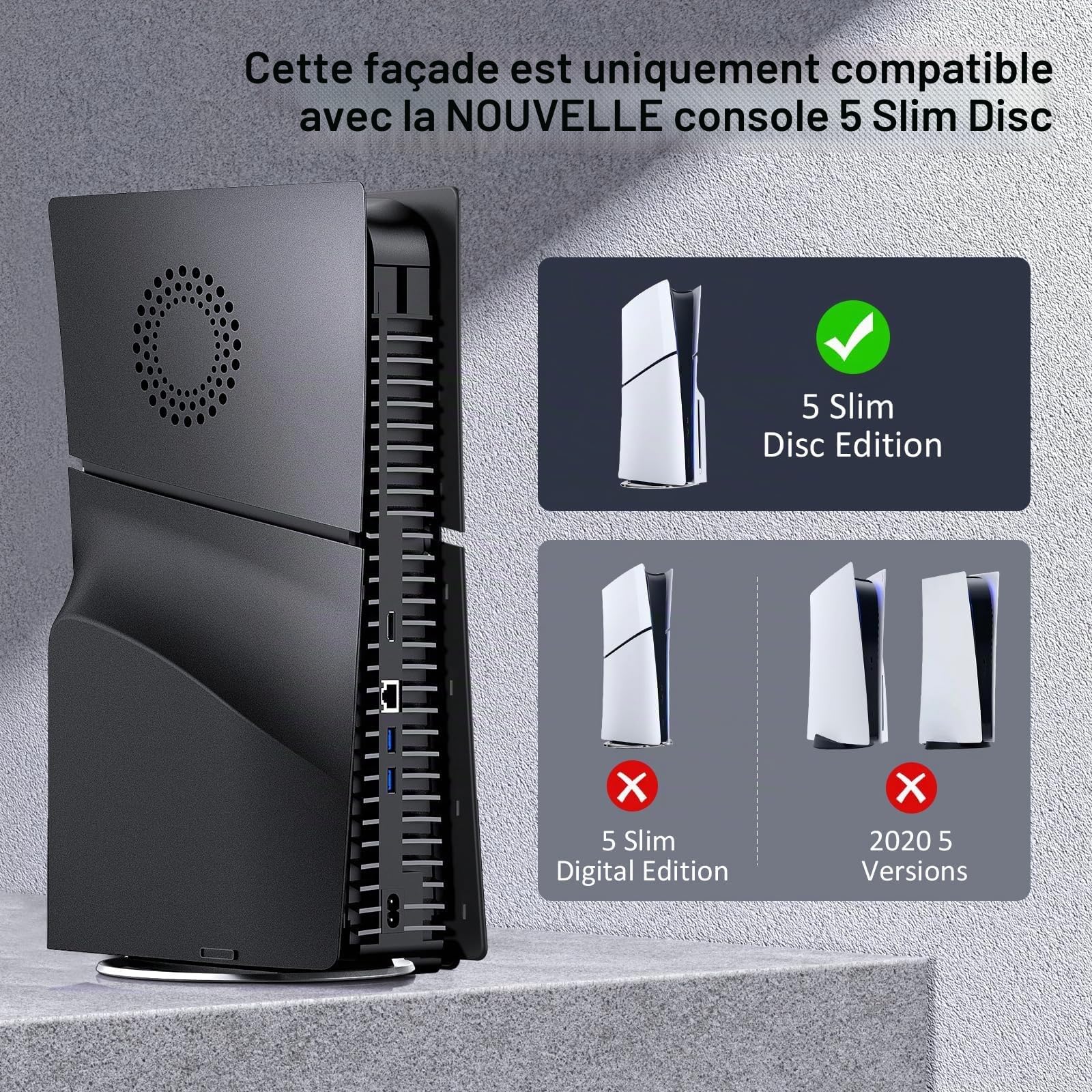 Coque pour Ps5 Slim Disc Version,Facade Ps5 Slim,avec Orifice pour Le Ventilateur, Housse De Remplacement pour PlayStation 5 Slim Protection, Noir
