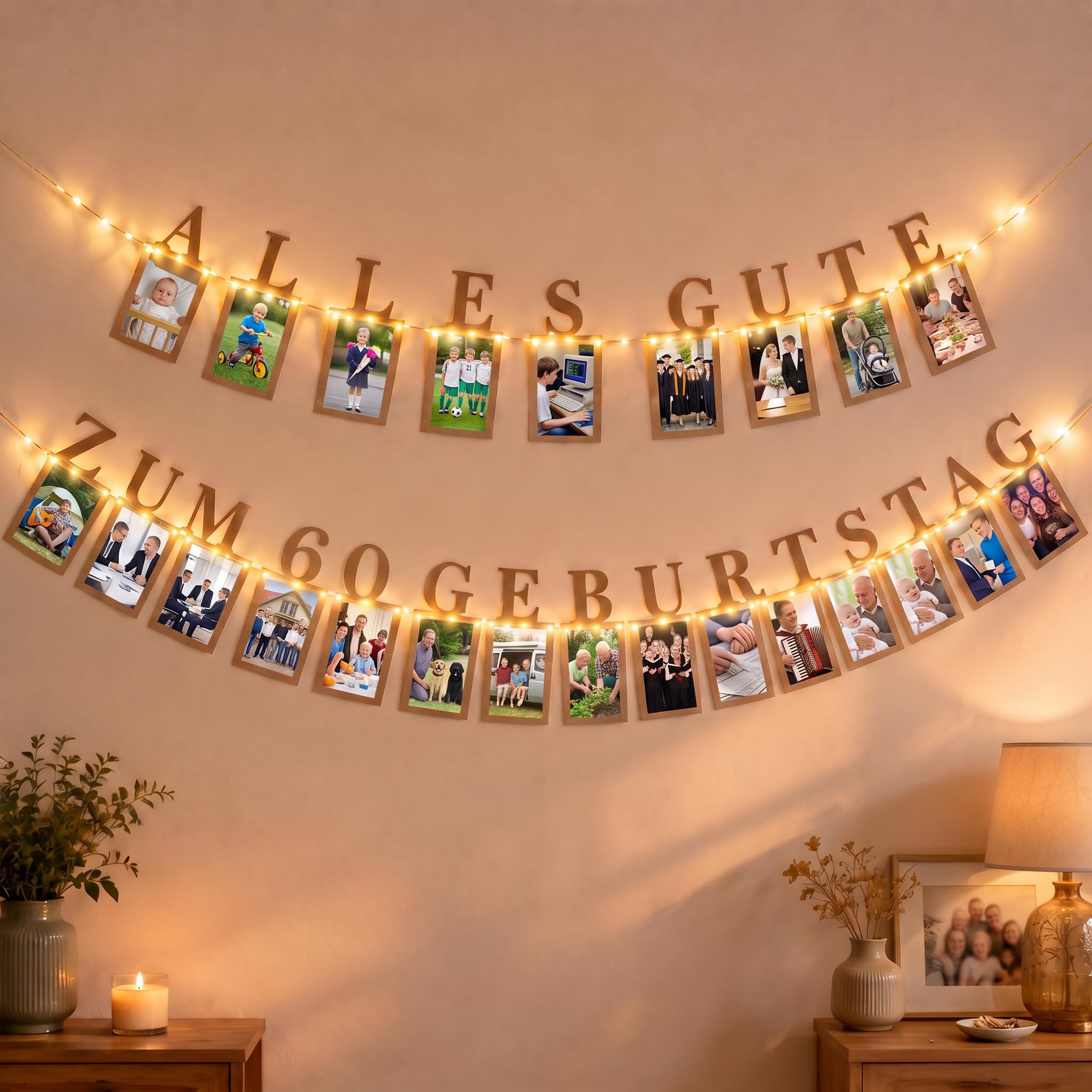 Seutgjie 60th Birthday Photo Garland Decoration Banner with LED Light