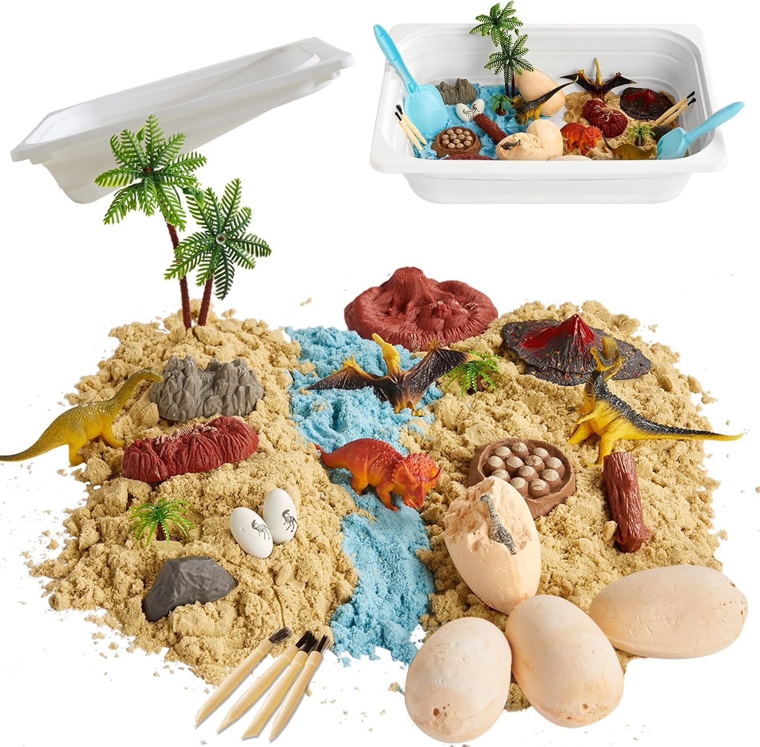 Beright Sensory Bin, Dinosaur Sensory Toys with 2 Colors Play Sand for Kids, Sensory Box with 4 Dinosaur Eggs Excavation dig kit, Perfectly Matched with Beright Sensory Table