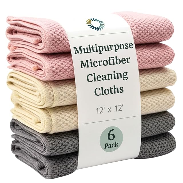 Oeko-Tex Certified Microfiber Cleaning Cloths Non-Toxic Safe for Family Pets 6 Pack Reusable Kitchen House Cleaning Rags 12x12
