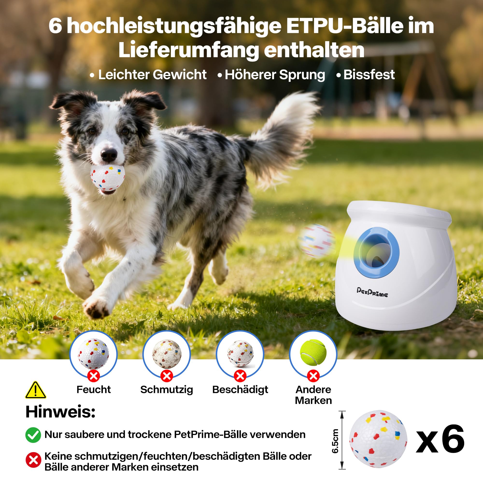 Pet Prime Upgrade Groß Automatischer Ballwerfer für Hunde, interaktives Ballwurfmaschine für große Hunde mit Reichweite von 3 bis 20 Metern, mit 6X 6,35cm ETPU-Bällen und Trainingspfeife