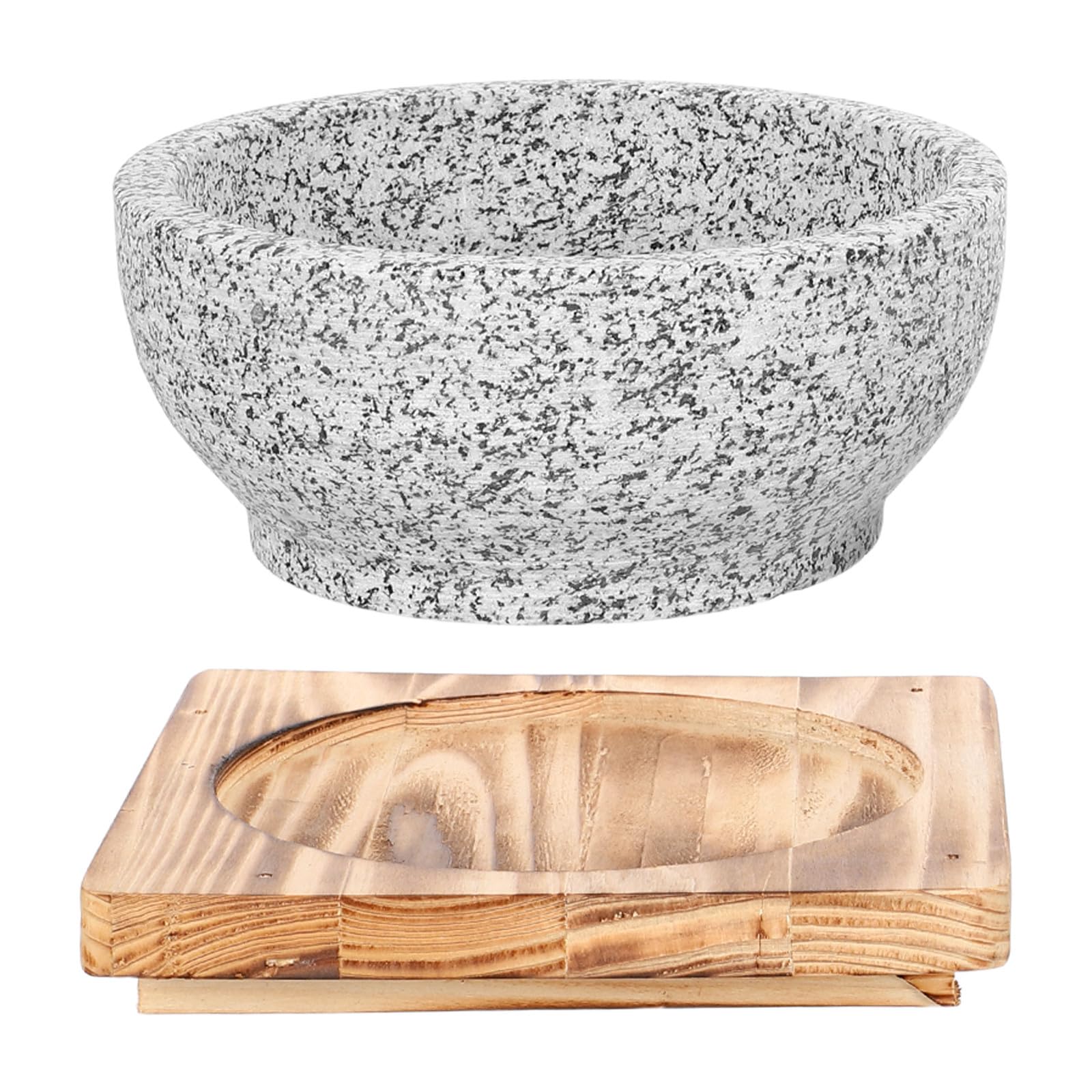 Koreanische Bibimbap Steinschale mit Deckel und Holzsockel 16cm Reissteintopf aus Stein Antirutsch Schutz und Einfache Reinigung für Dinnerpartys und Kochen