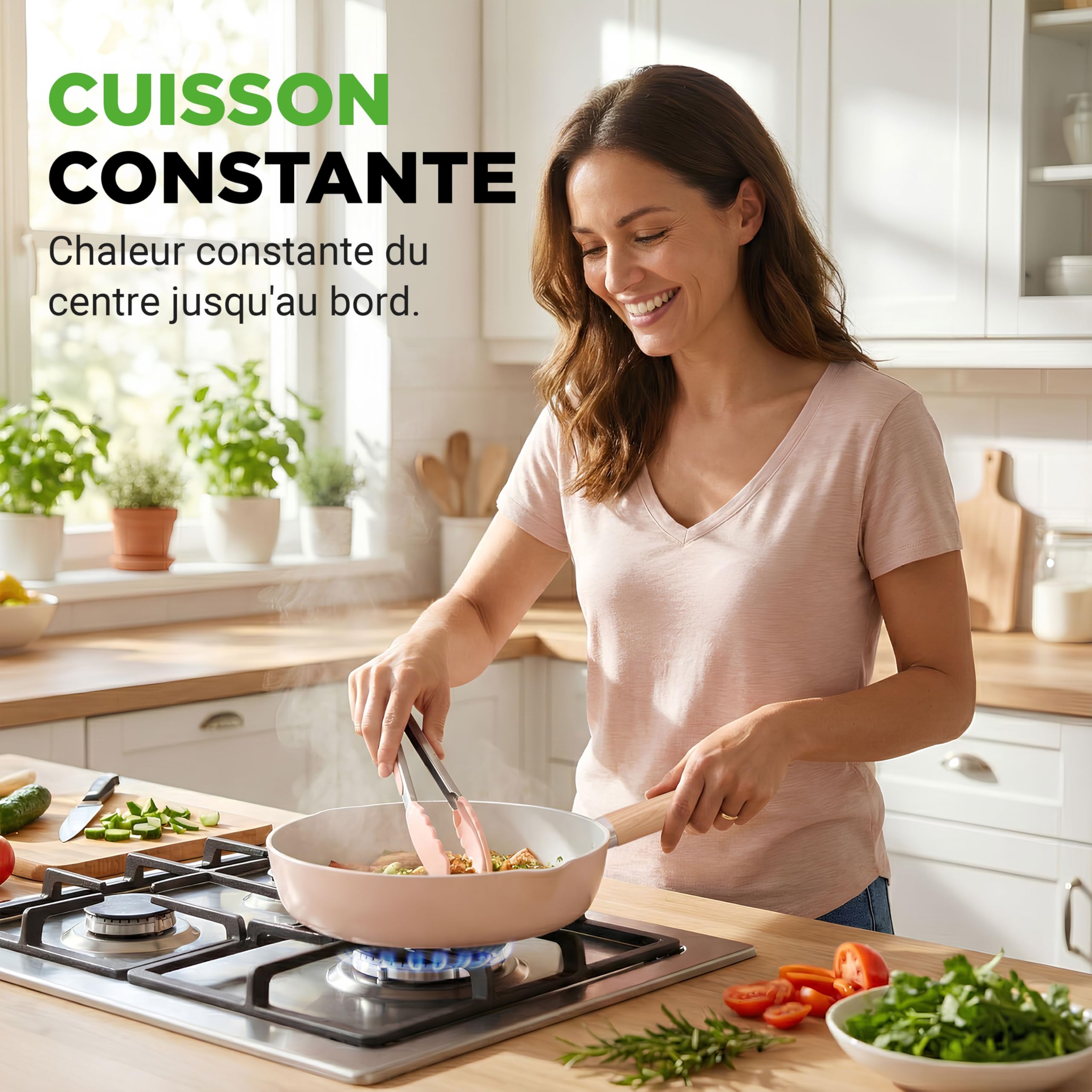 NutriChef Ensemble de Cuisine Céramique 14 Pièces Induction – Batterie de Cuisine Antiadhésive Aluminium Bec Verseur Couvercles en Verre Drainage Poignées Effet Bois Rose