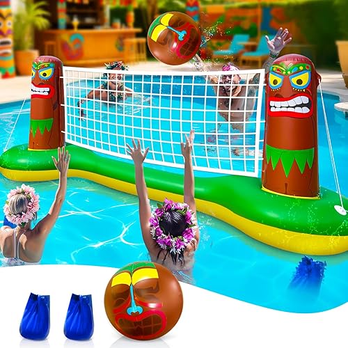 Luau Tiki - Juego de flotador inflable grande de red de voleibol con pelota de playa de 9 pulgadas, juguete flotante de deportes acuáticos para