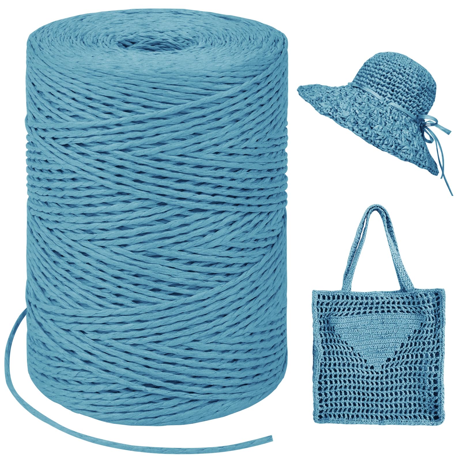 Lake Blue Raffia Yarn for Crochet Bags, 1.5mm x 328 Yards Round String Raffia Ribbon for Gift Wrapping, Raffia Paper Ribbon Yarn for Crocheting Sun Hat, Bag, DIY Crafts, Holiday Decoration